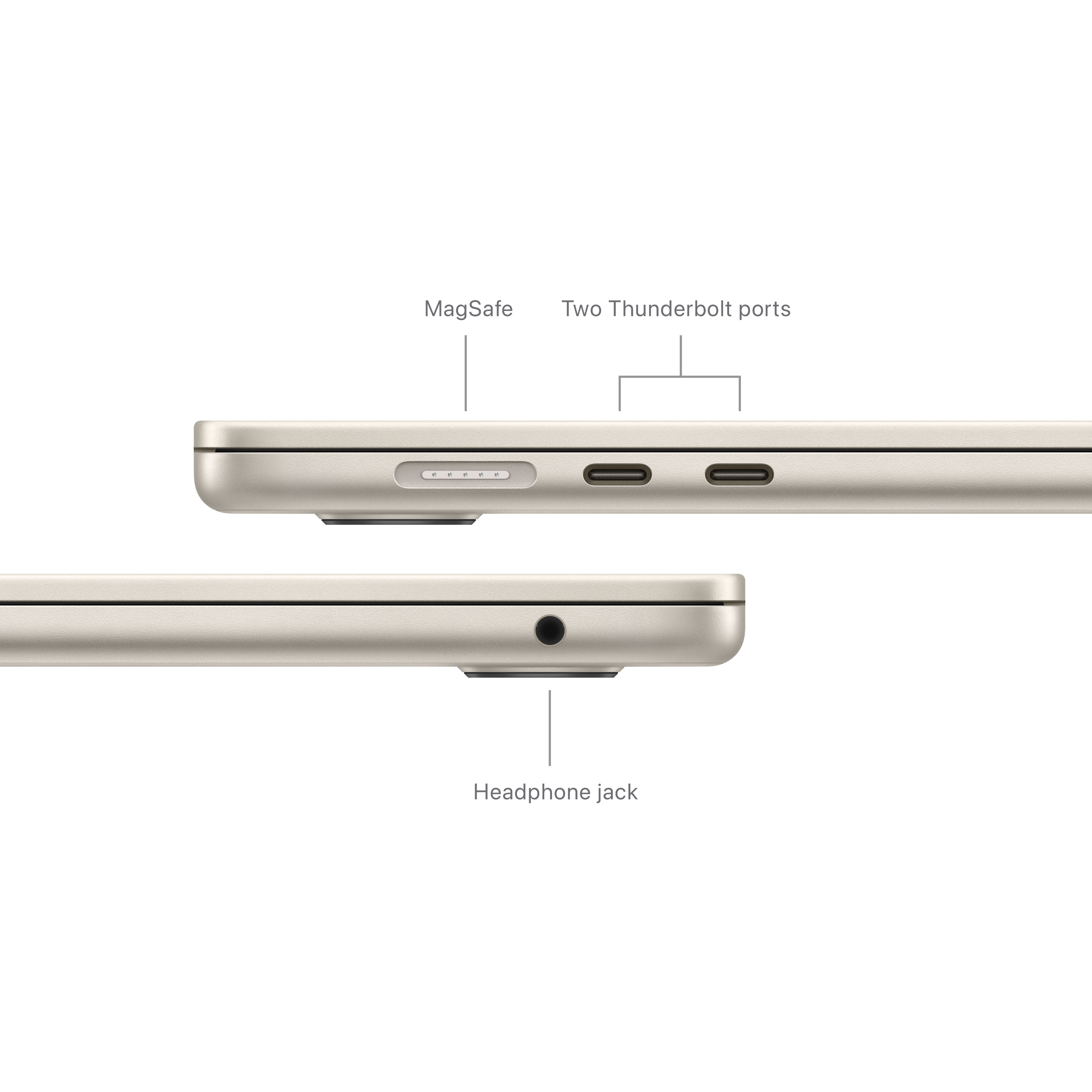 Nahaufnahme der Laptopseite: MagSafe, zwei Thunderbolt-Anschlüsse und Kopfhöreranschluss.
