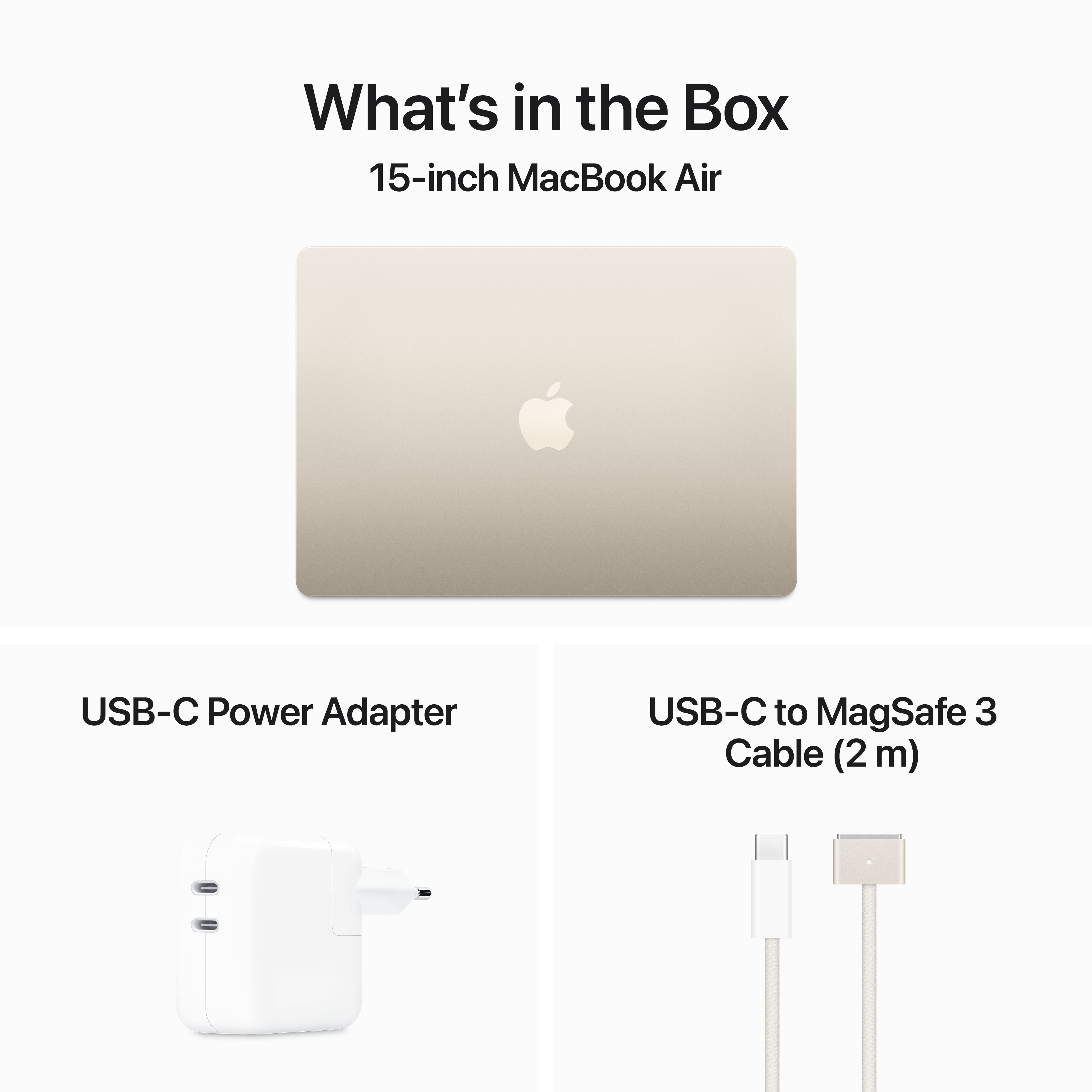 15-Zoll MacBook Air und Zubehör: USB-C-Netzteil, USB-C-zu-MagSafe-3-Kabel.