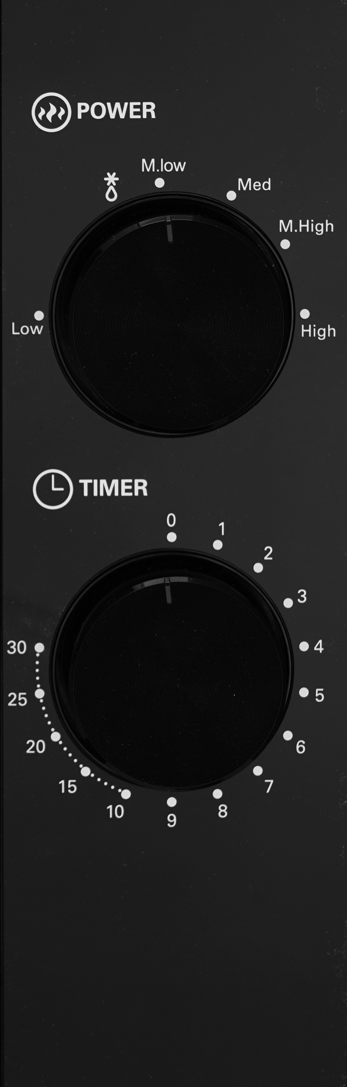Schwarzes Bedienfeld mit zwei kreisförmigen Drehreglern für Strom- und Timereinstellungen, mit Beschriftungen.