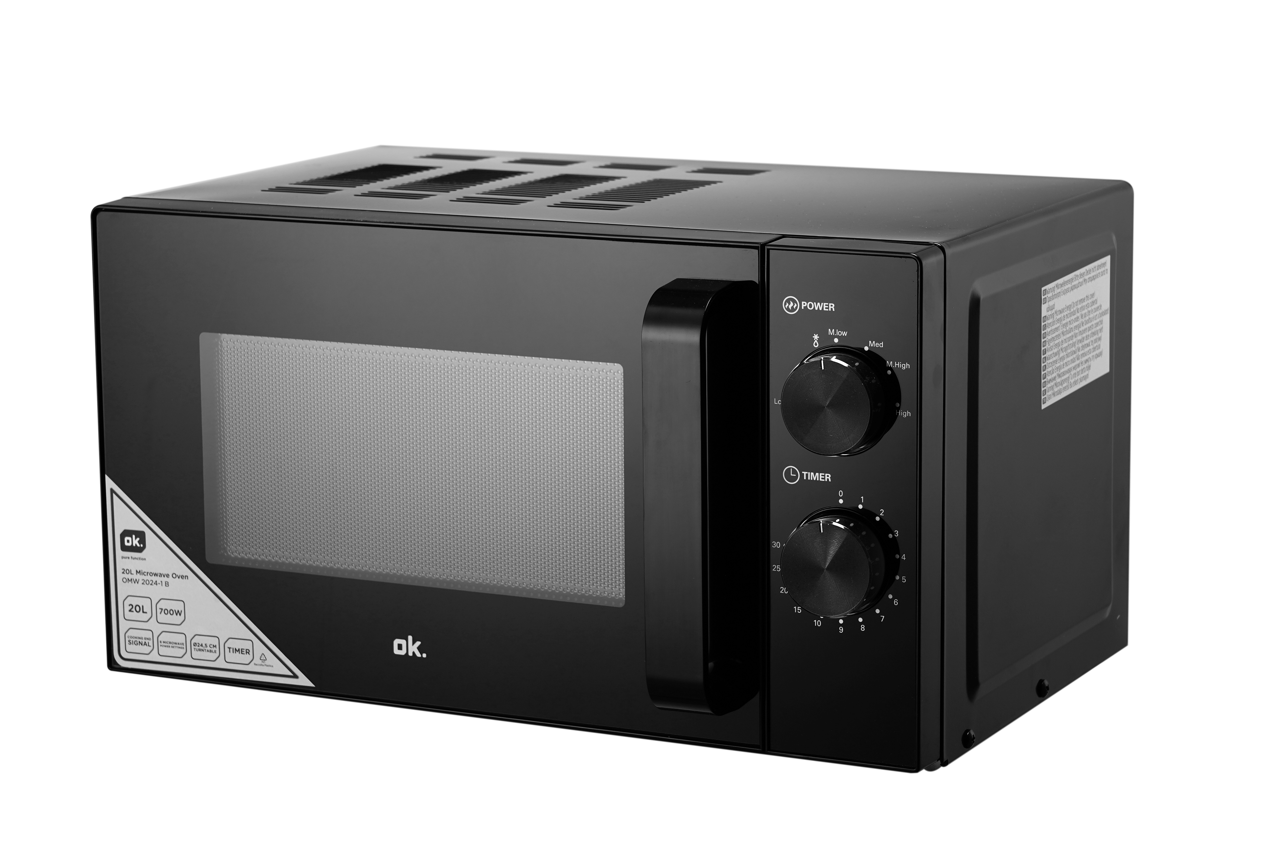 Schwarzer Mikrowellenherd mit Bedienfeld auf der rechten Seite und Markenlogo links.