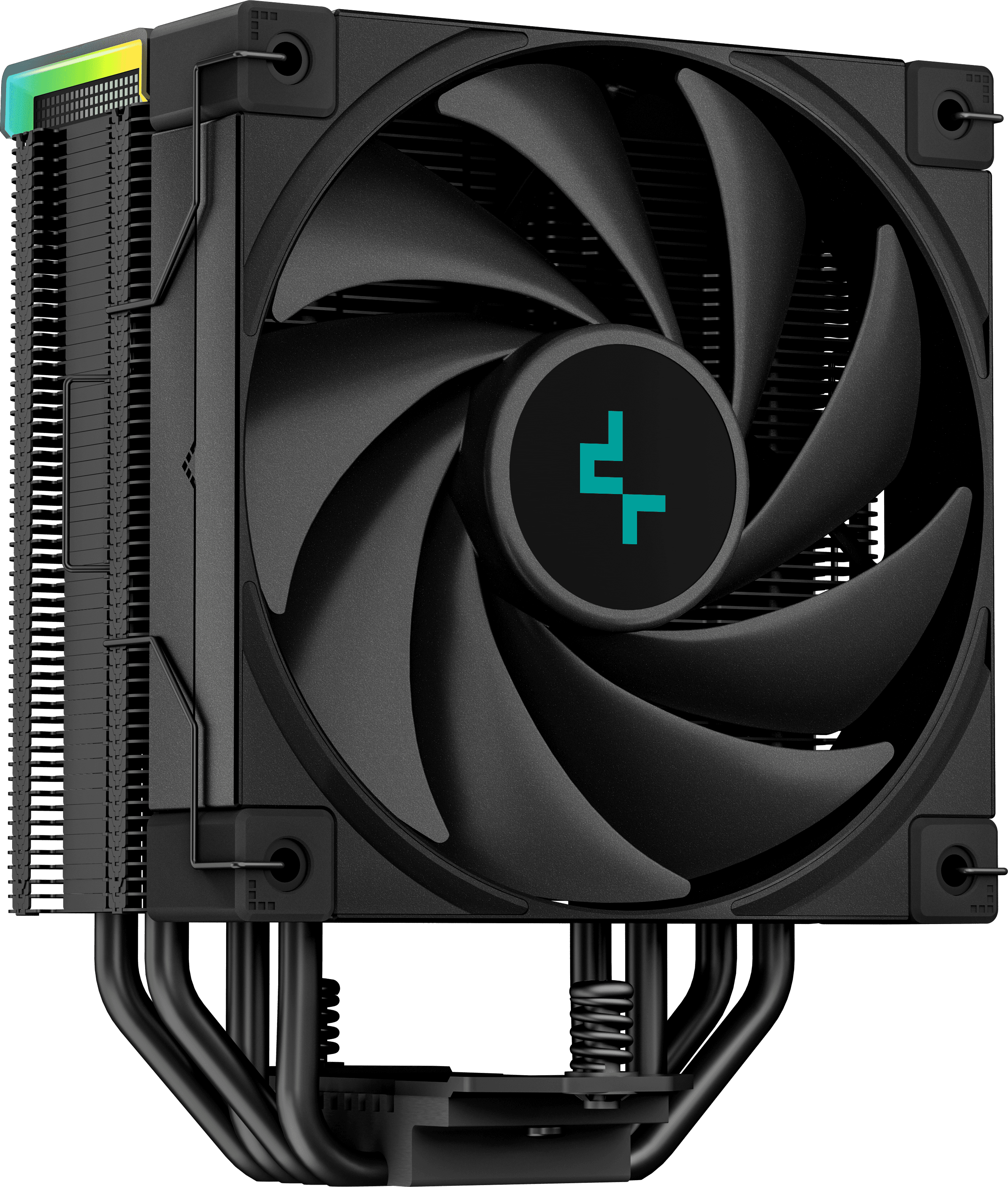 Egy fekete CPU-hűtő ventilátorral, lamellákkal és logóval, fehér háttér előtt.