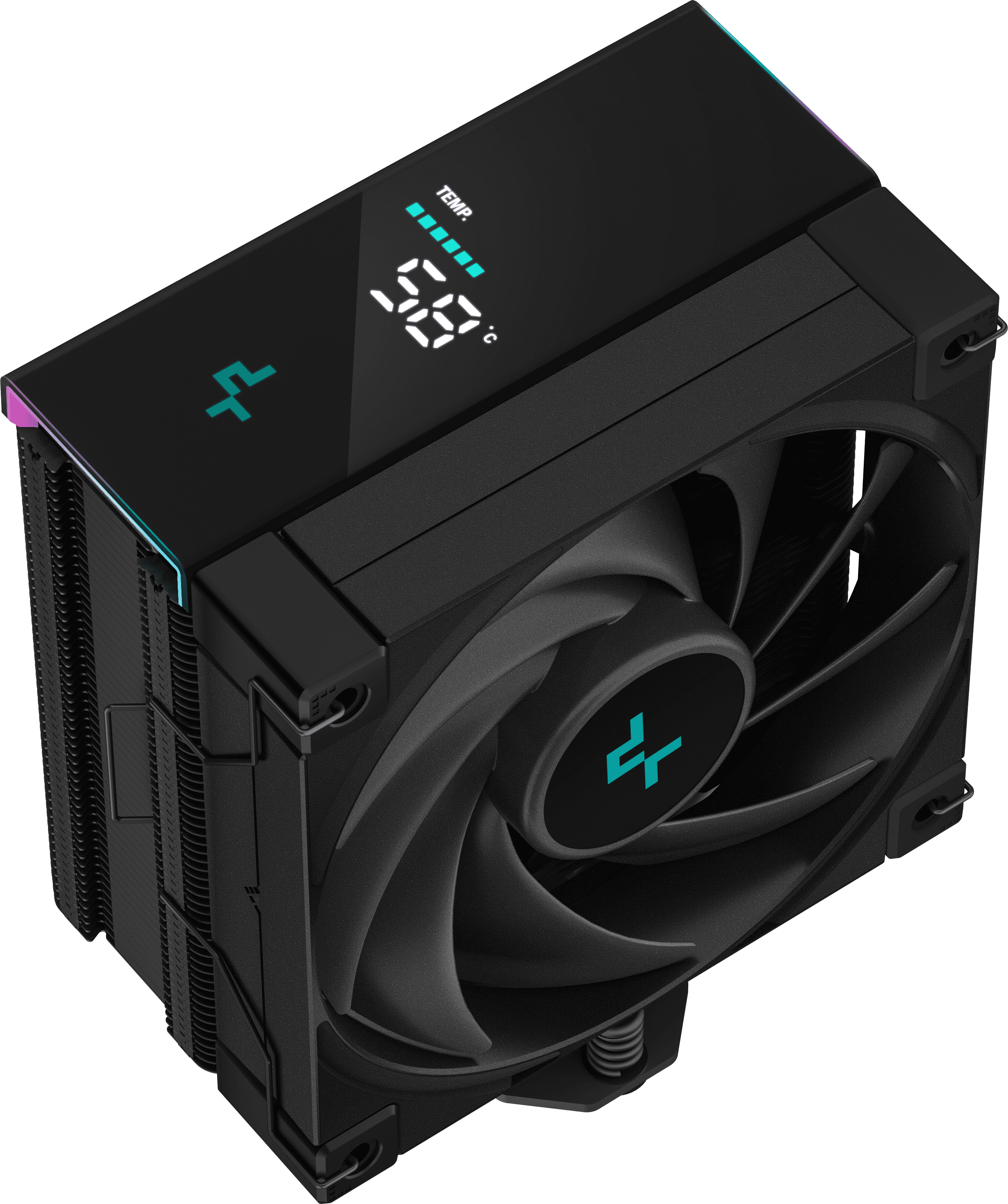 Fekete CPU-hűtő, hőmérsékletet mutató kijelzővel. A ventilátor látható. Fekete háttér.