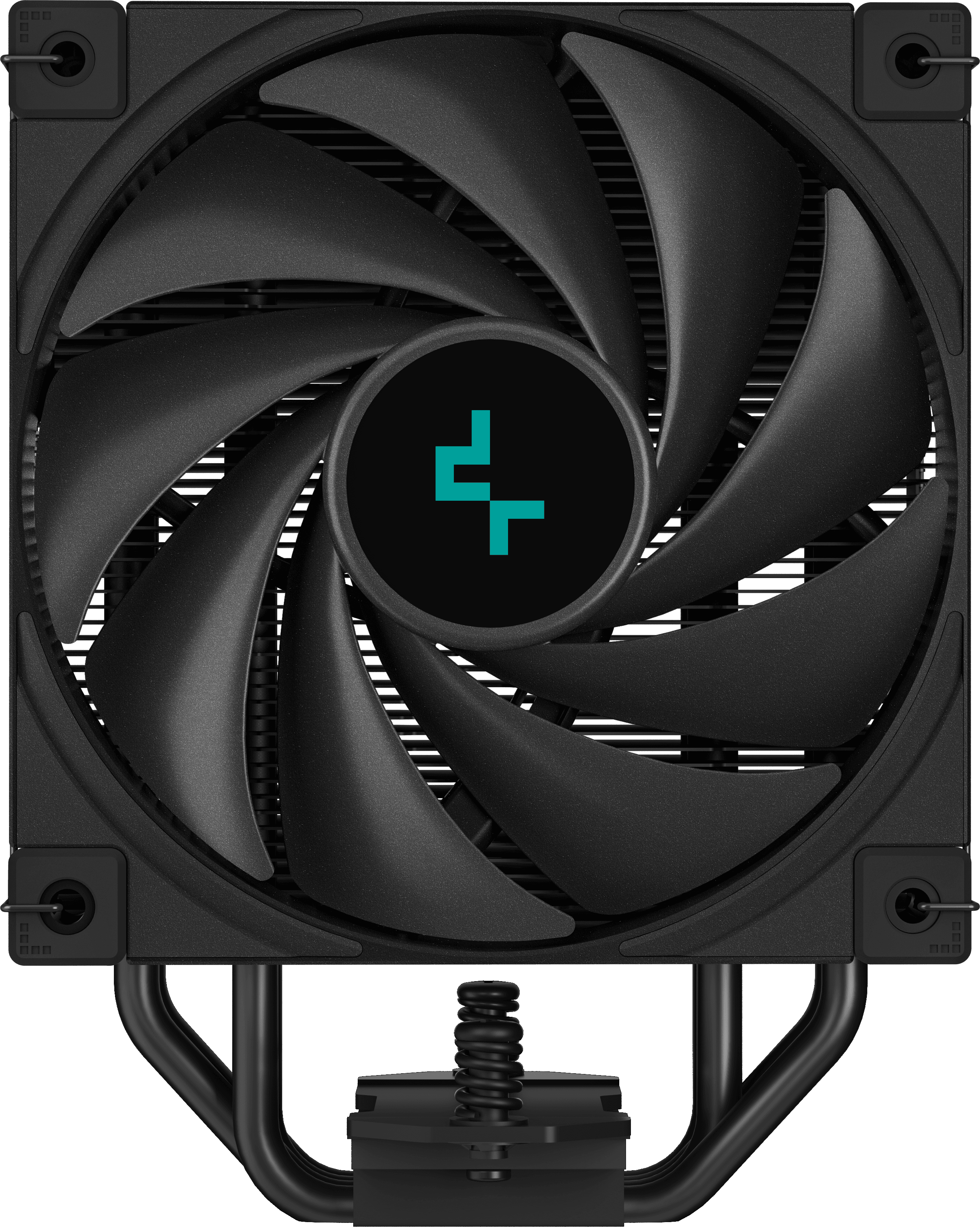 Fekete CPU-hűtő ventilátorral és bordákkal. Türkiz logó a közepén.