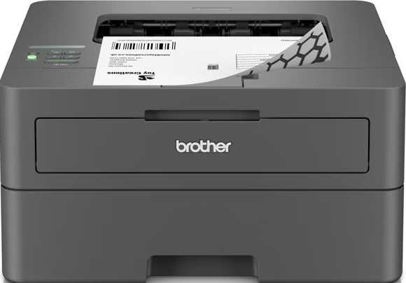 Imprimante Brother gris foncé avec un document imprimé sortant. Le logo est visible.