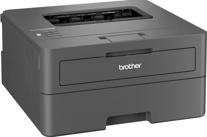 Une imprimante Brother gris foncé avec un bac et un dessus ouvert.