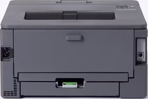 Imprimante grise, vue de face, avec ports d'alimentation et USB.