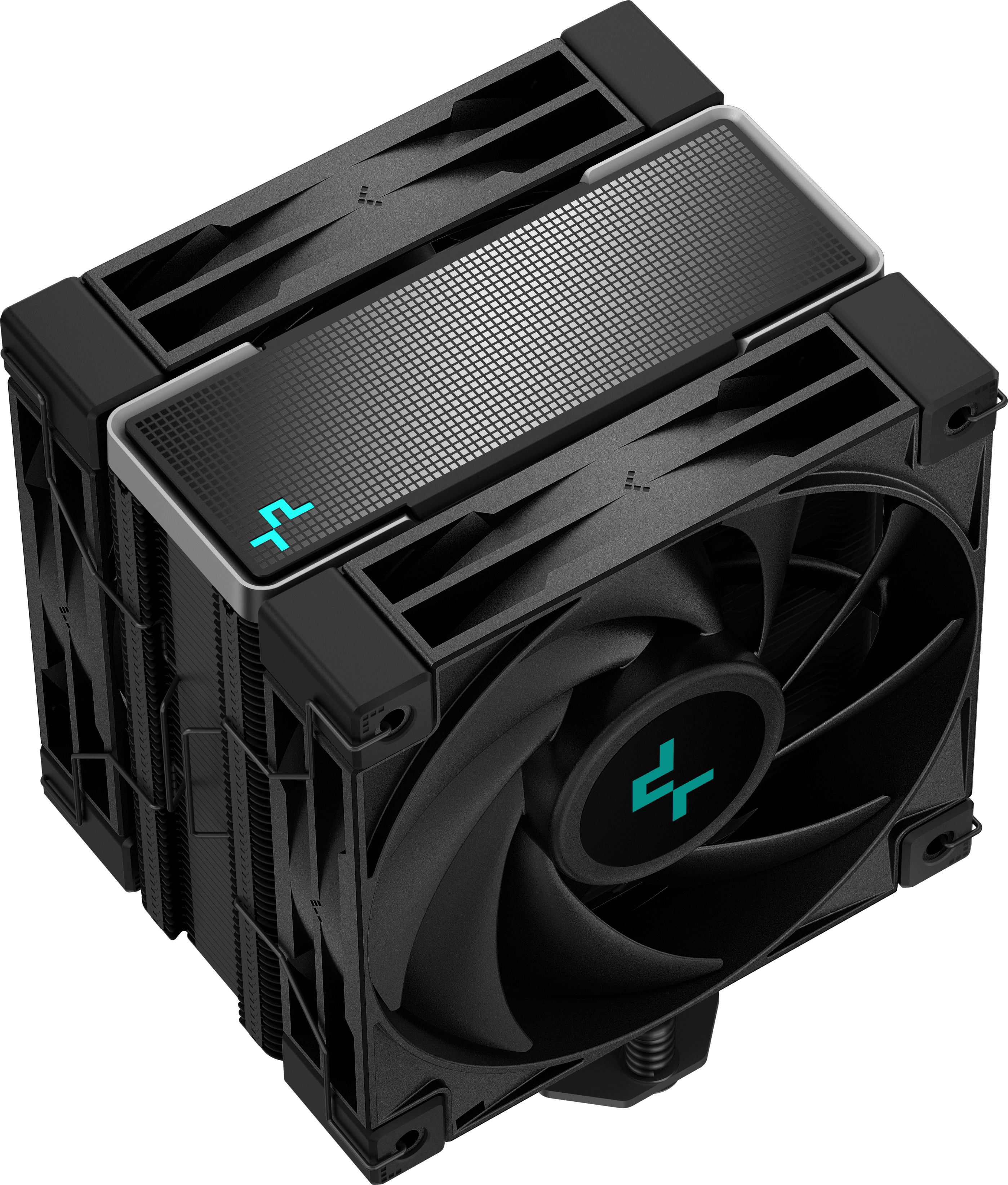 Egy Deepcool CPU-hűtő két ventilátorral és egy hűtőbordával. Fekete-ezüst dizájn. Fehér háttér.