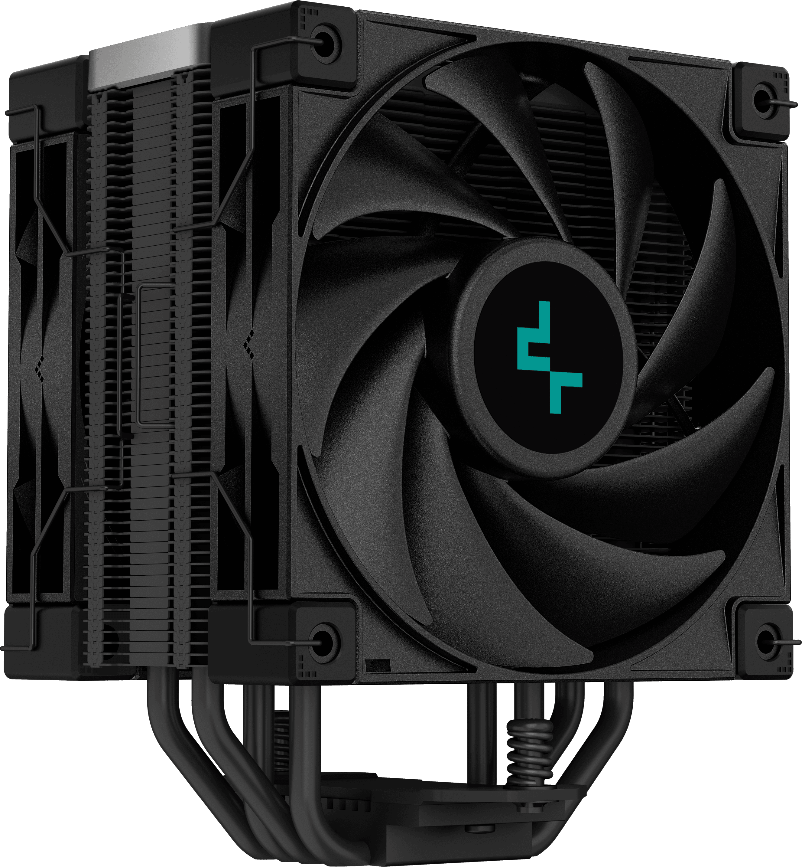 Fekete CPU-hűtő nagy ventilátorral és hőcsövekkel. A DeepCool logó a közepén található.