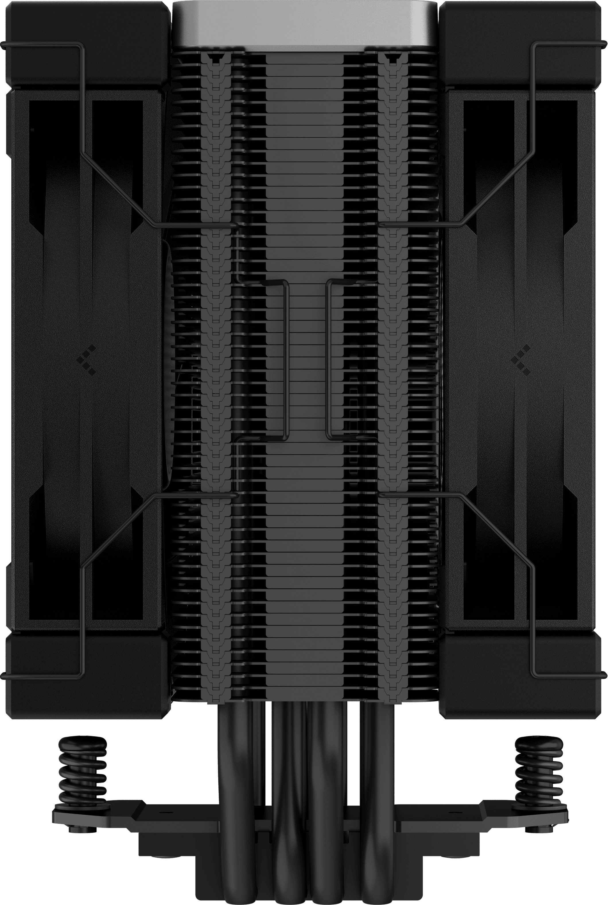 Fekete CPU-hűtő, felülnézet ventilátorokkal és csövekkel.