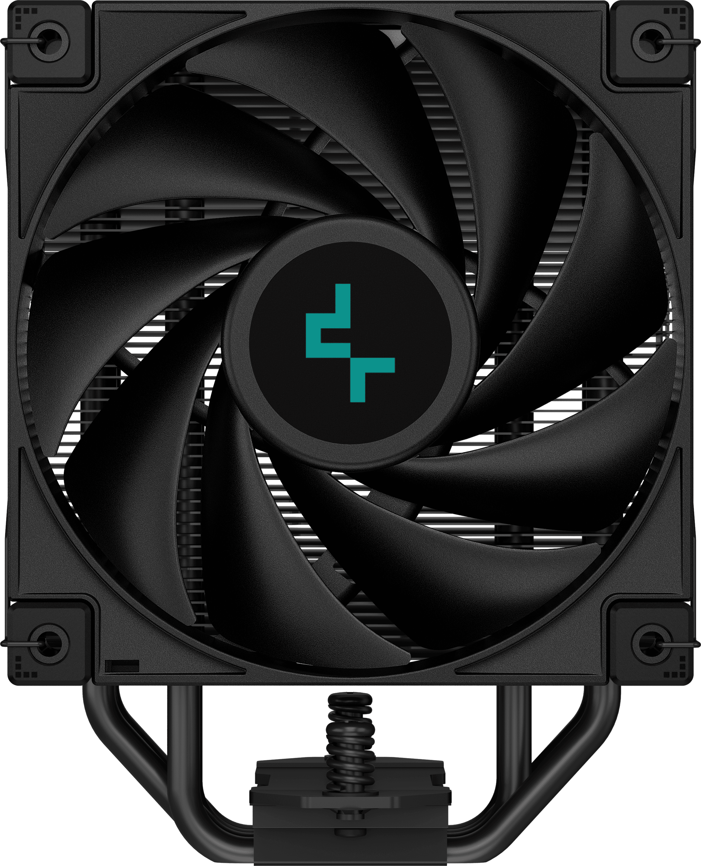 Egy fekete számítógép ventilátor ívelt lapátokkal és egy logóval a közepén. Négy csavarlyuk látható.