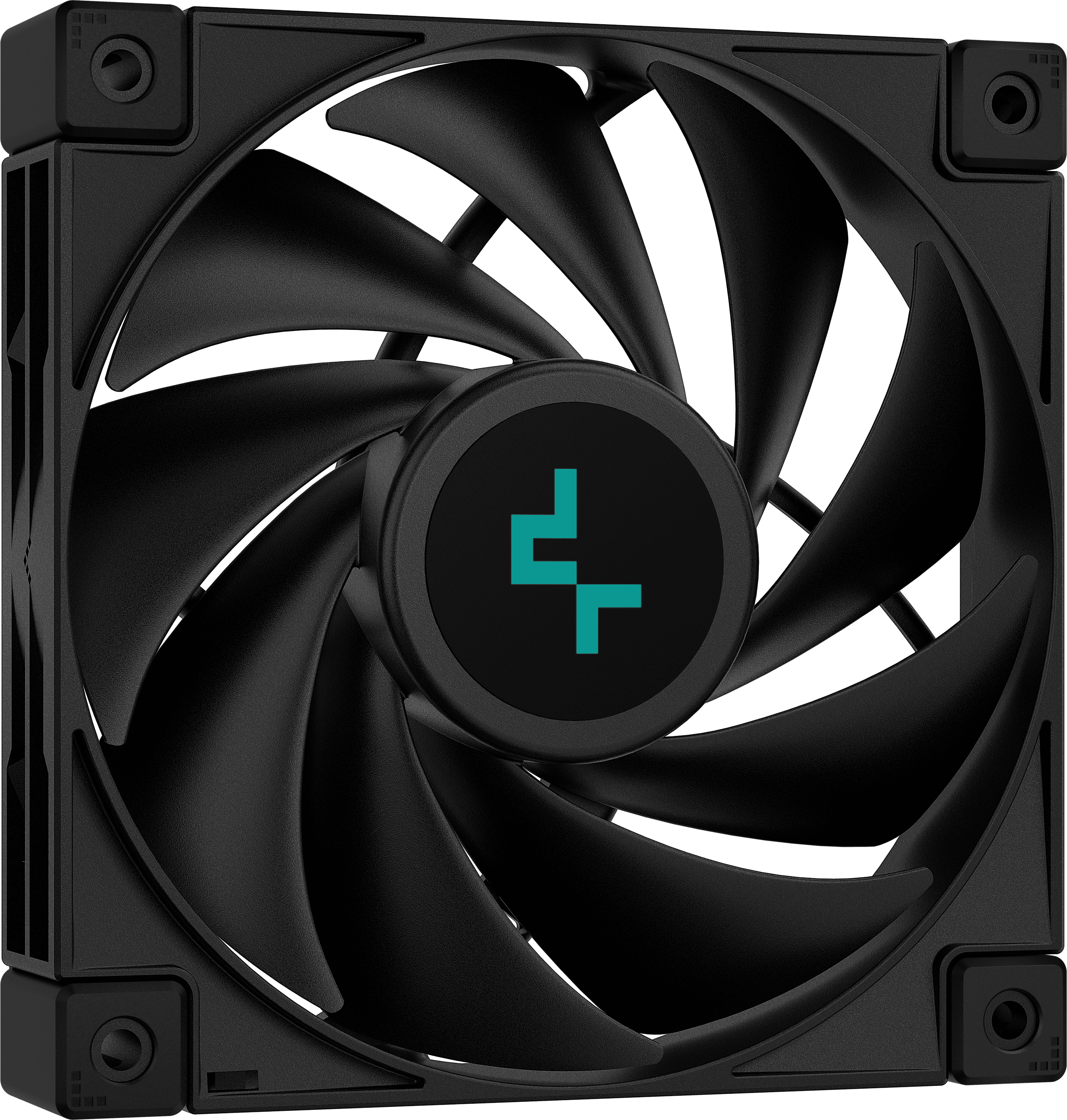 Fekete DeepCool ventilátor türkiz logóval és ívelt lapátokkal.