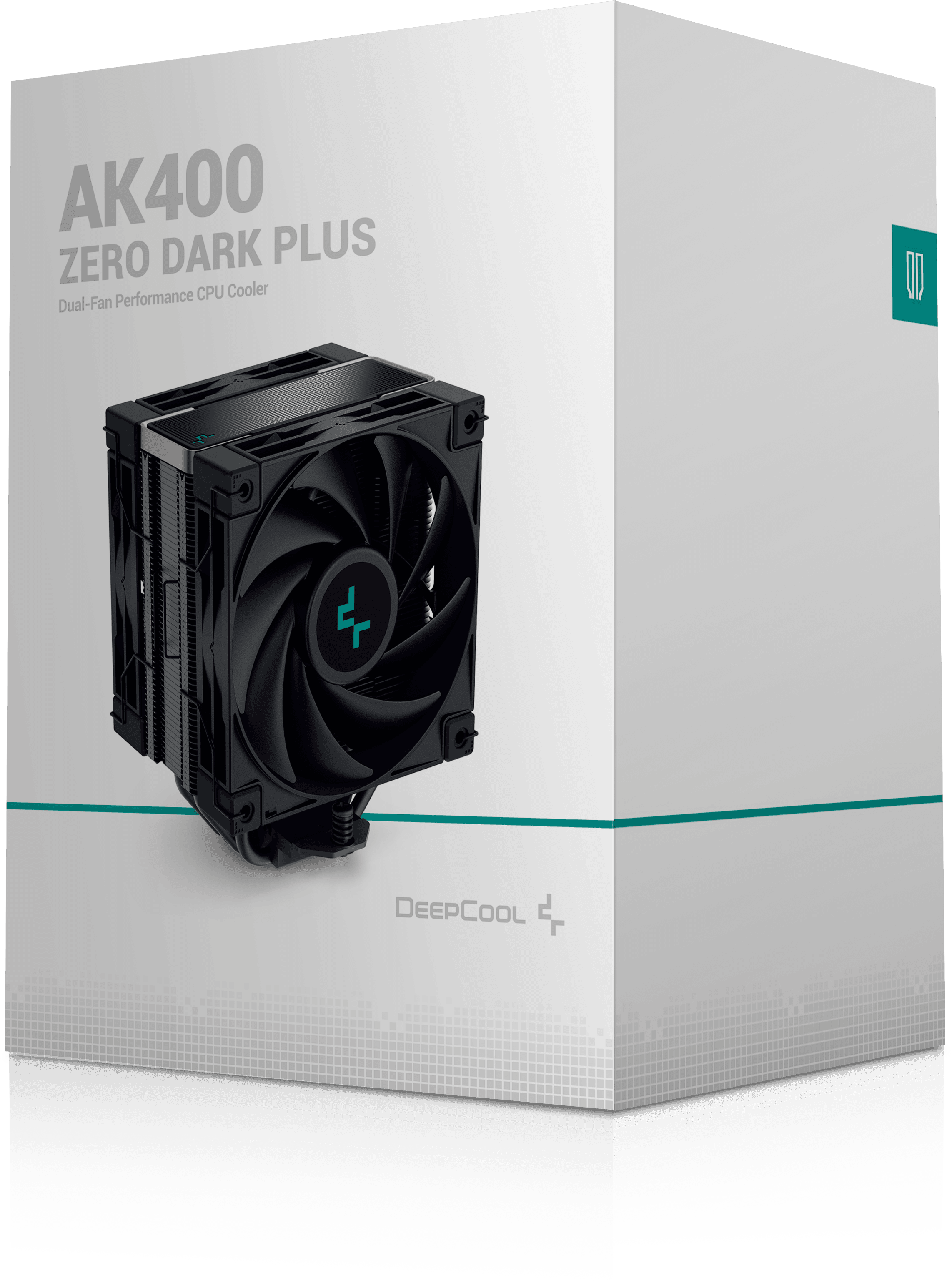 DeepCool CPU hűtő a dobozban. Fekete hűtő dupla ventilátorral és DeepCool logóval.