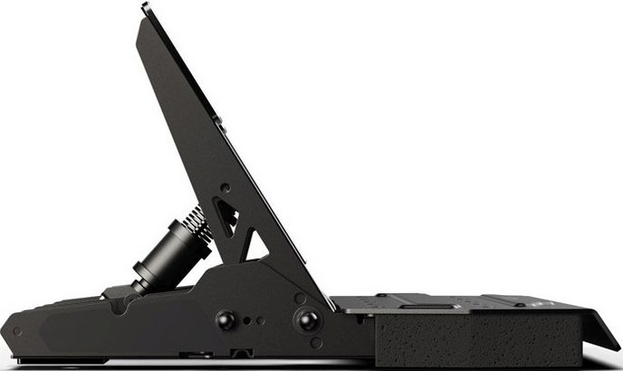 Ein schwarzes Pedal, verwendet für Sim-Racing oder Flugsimulation, mit Feder und Basis.