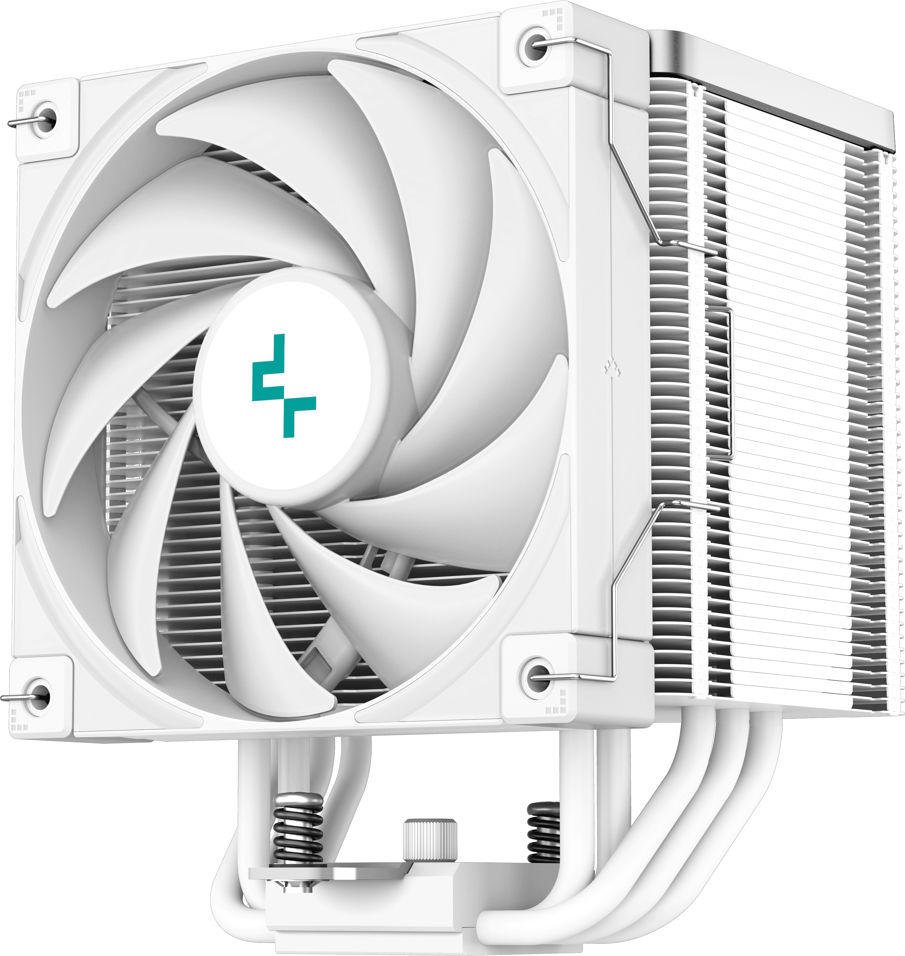 Fehér CPU-hűtő ventilátorral, bordákkal és csövekkel. Türkiz logó.