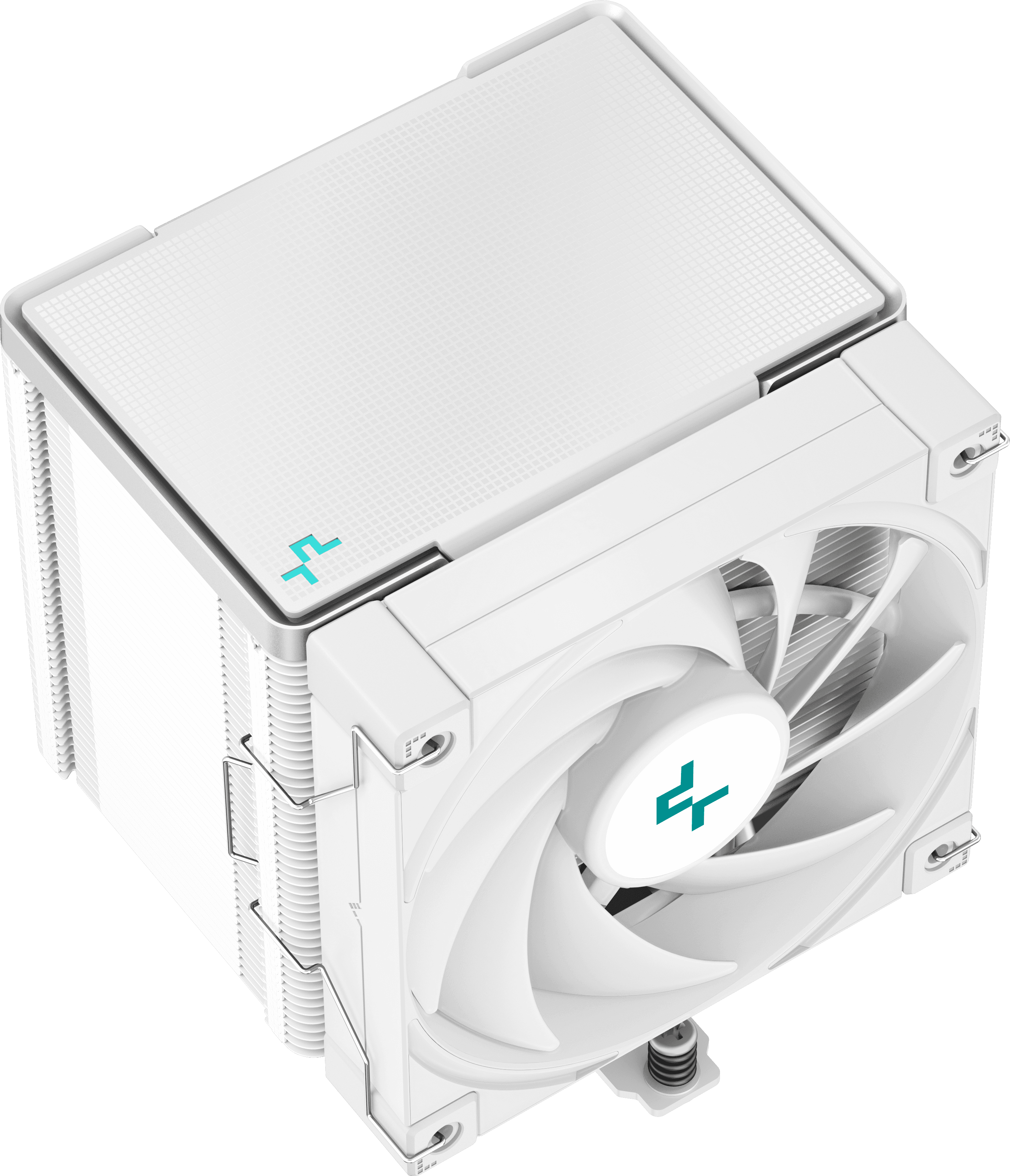 Fehér CPU-hűtő ventilátorral és kék logóval.