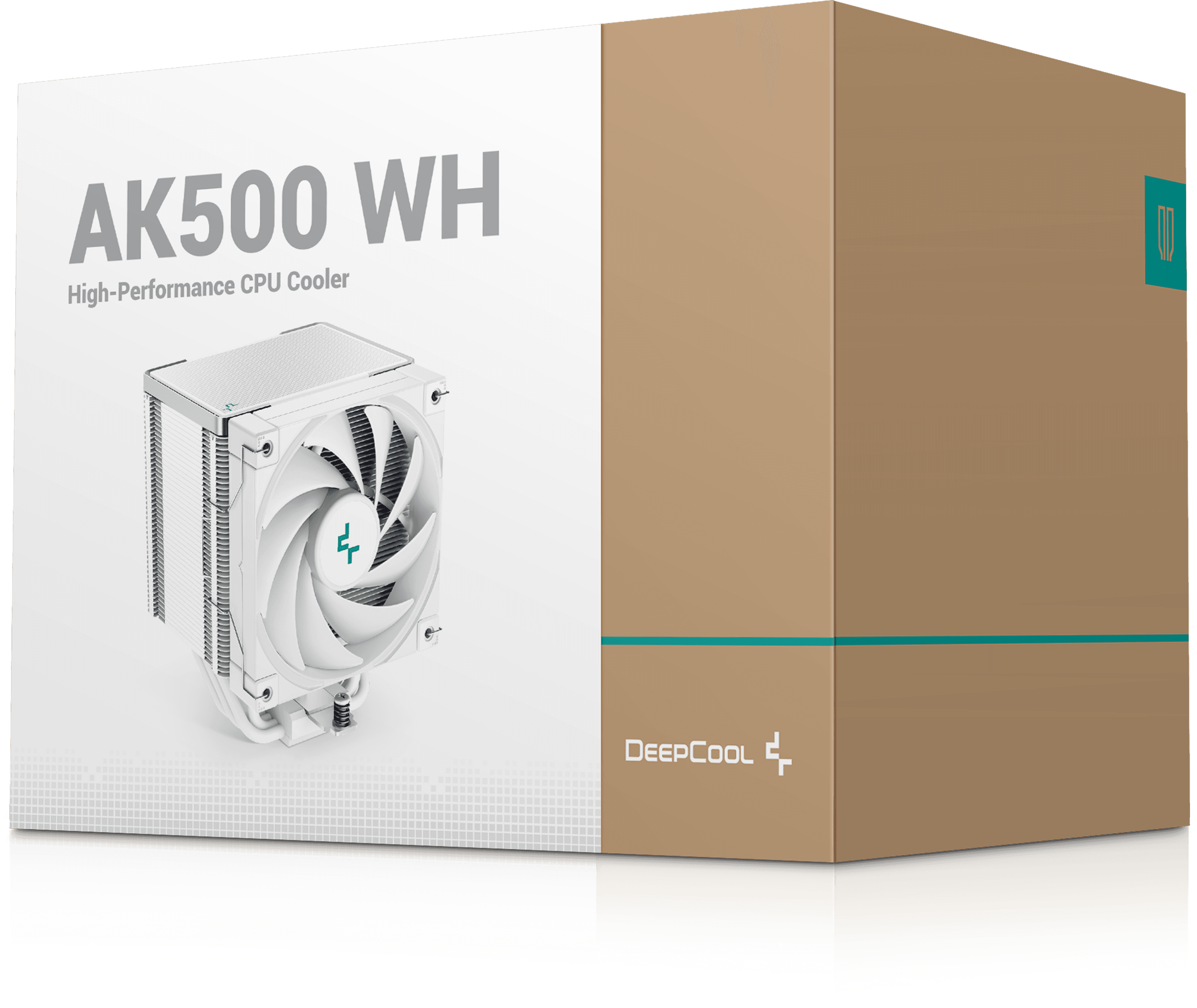 Egy barna kartondoboz fehér CPU-hűtővel, 'AK500 WH' felirattal, és a DeepCool logóval.