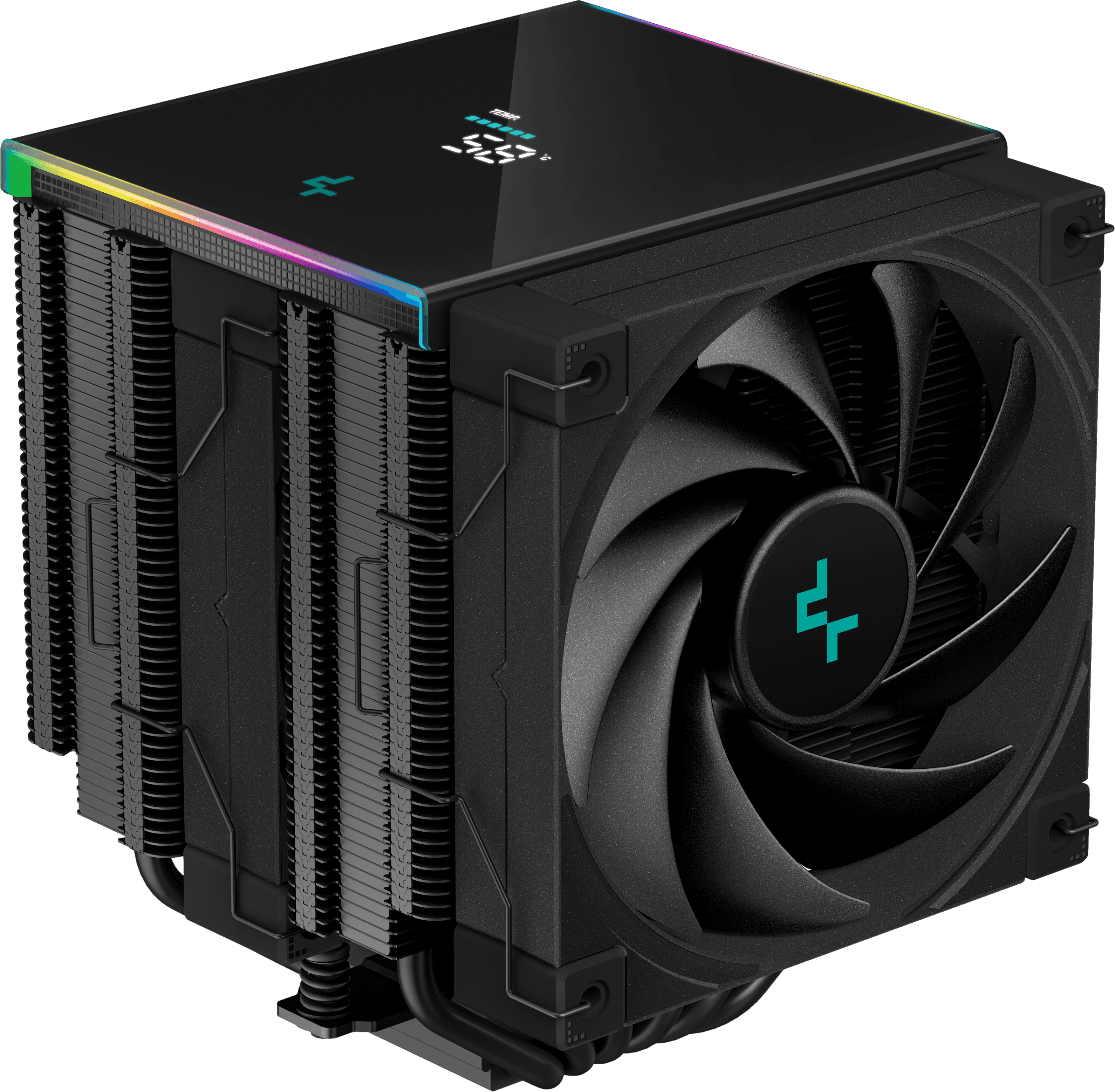 Fekete CPU-hűtő ventilátorral és hűtőbordával, színes kijelzővel a tetején.