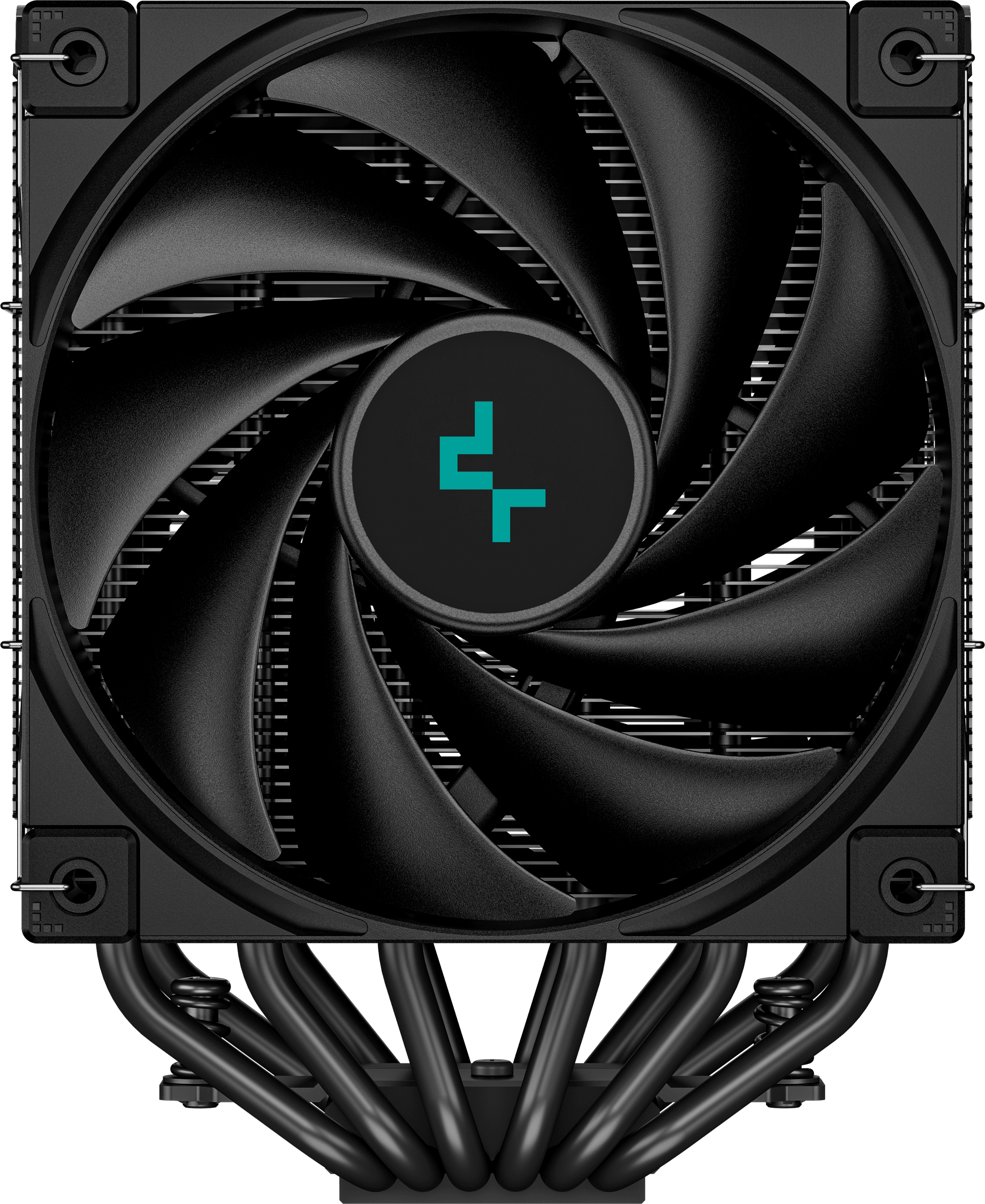 Fekete CPU-hűtő ventilátor, kör alakú dizájnnal és türkiz logóval a közepén.
