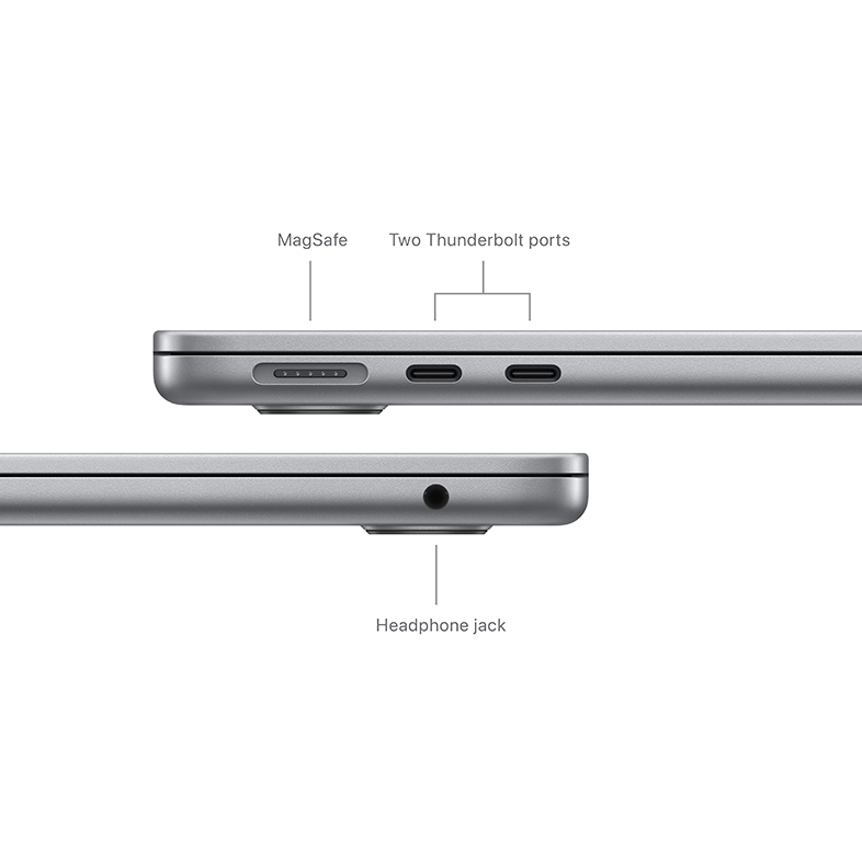 Közelkép a laptop oldaláról. MagSafe-et és két Thunderbolt portot mutat, fejhallgató csatlakozóval.