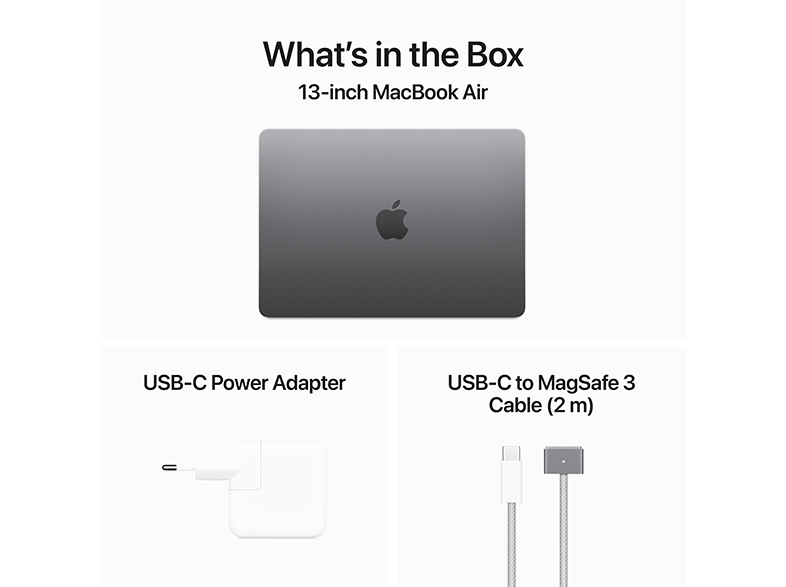 A Macbook Air és tartozékai láthatók: egy hálózati adapter és egy USB-C - MagSafe 3 kábel.
