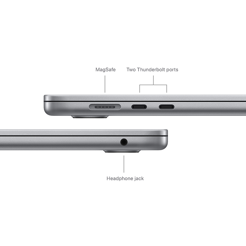 Laptop oldalsó nézete MagSafe-el, két Thunderbolt porttal és fejhallgató-csatlakozóval.
