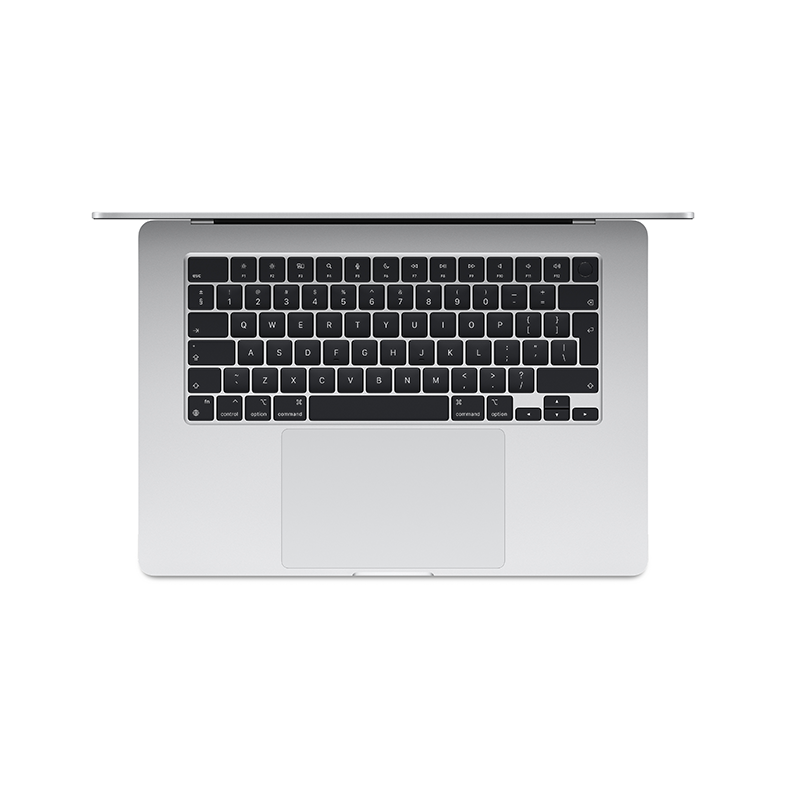 Ezüst laptop, felülről nyitva. Látható billentyűzet, tapipad alul, fehér háttér.