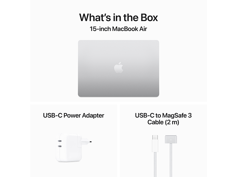Fehér Apple laptop kiegészítőkkel. USB-C hálózati adapter és USB-C - MagSafe 3 kábel.