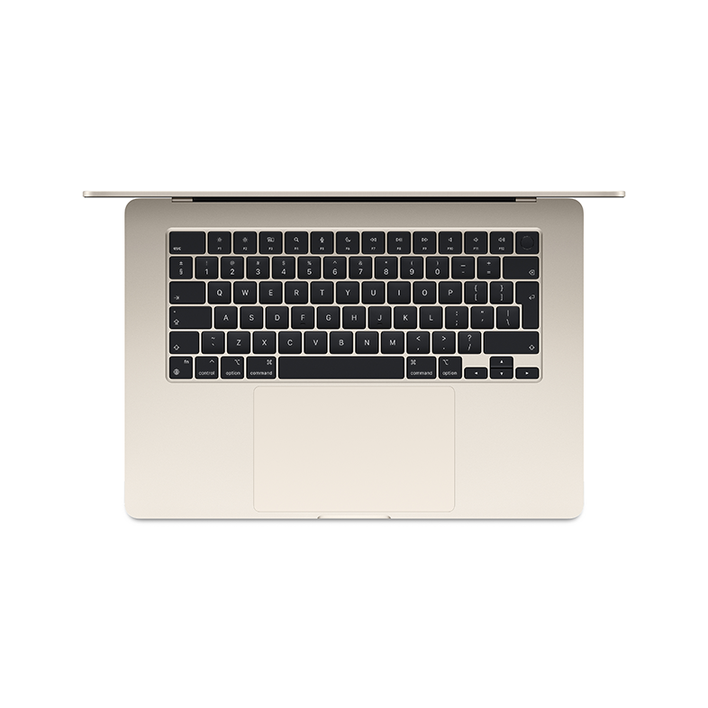 MacBook Air, felülnézet, arany szín. Billentyűzet és trackpad látható. Nyitott fedél.