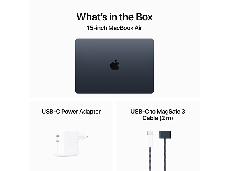 MacBook Air doboz tartalma: laptop, hálózati adapter és USB-C - MagSafe kábel.
