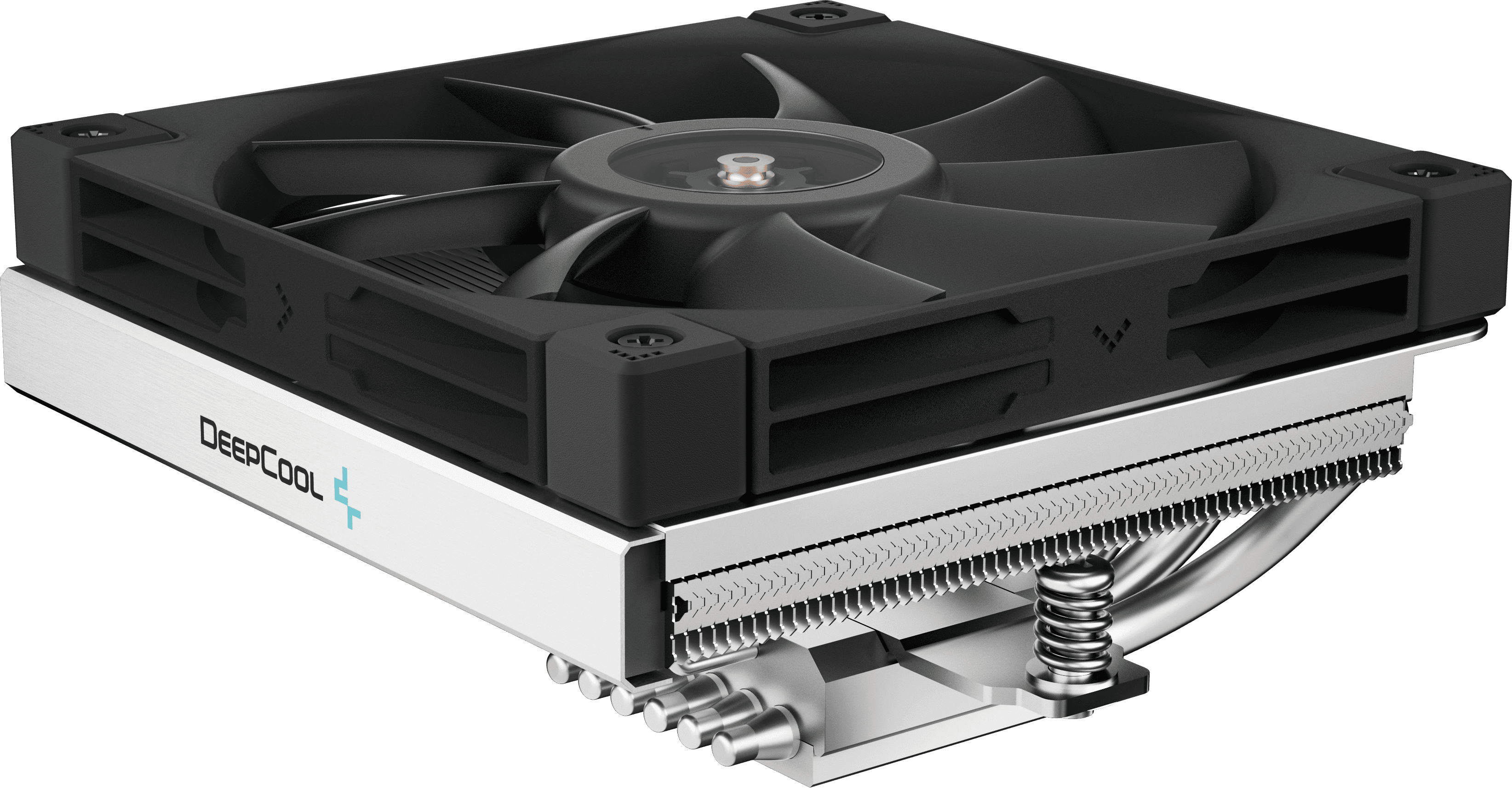 DeepCool CPU-hűtő fekete ventilátorral, ezüst hűtőbordával és DeepCool logóval fekete háttéren.