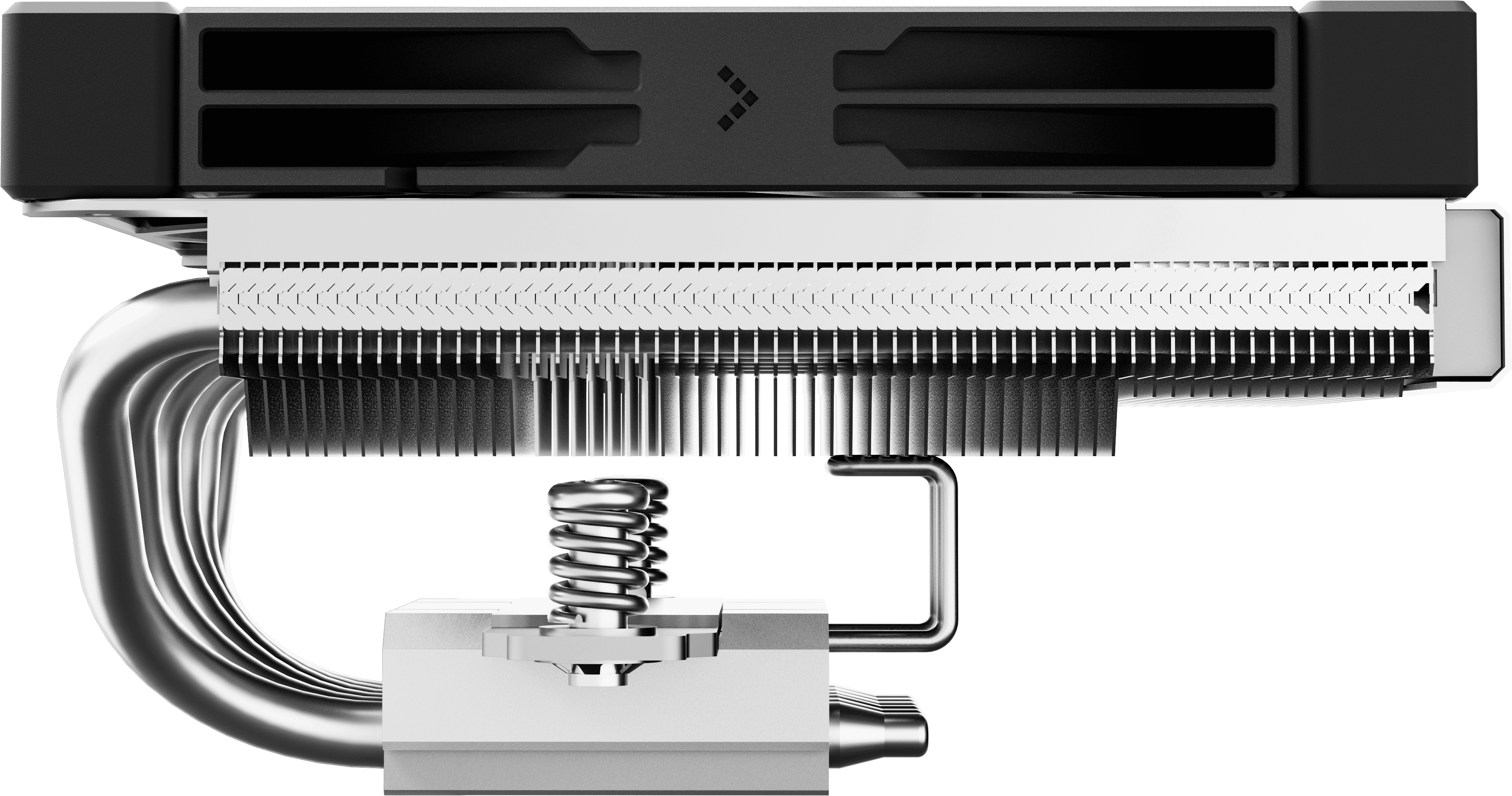 Fekete-ezüst CPU-hűtő ventilátorral, hűtőbordával és csövekkel. Felülnézet.