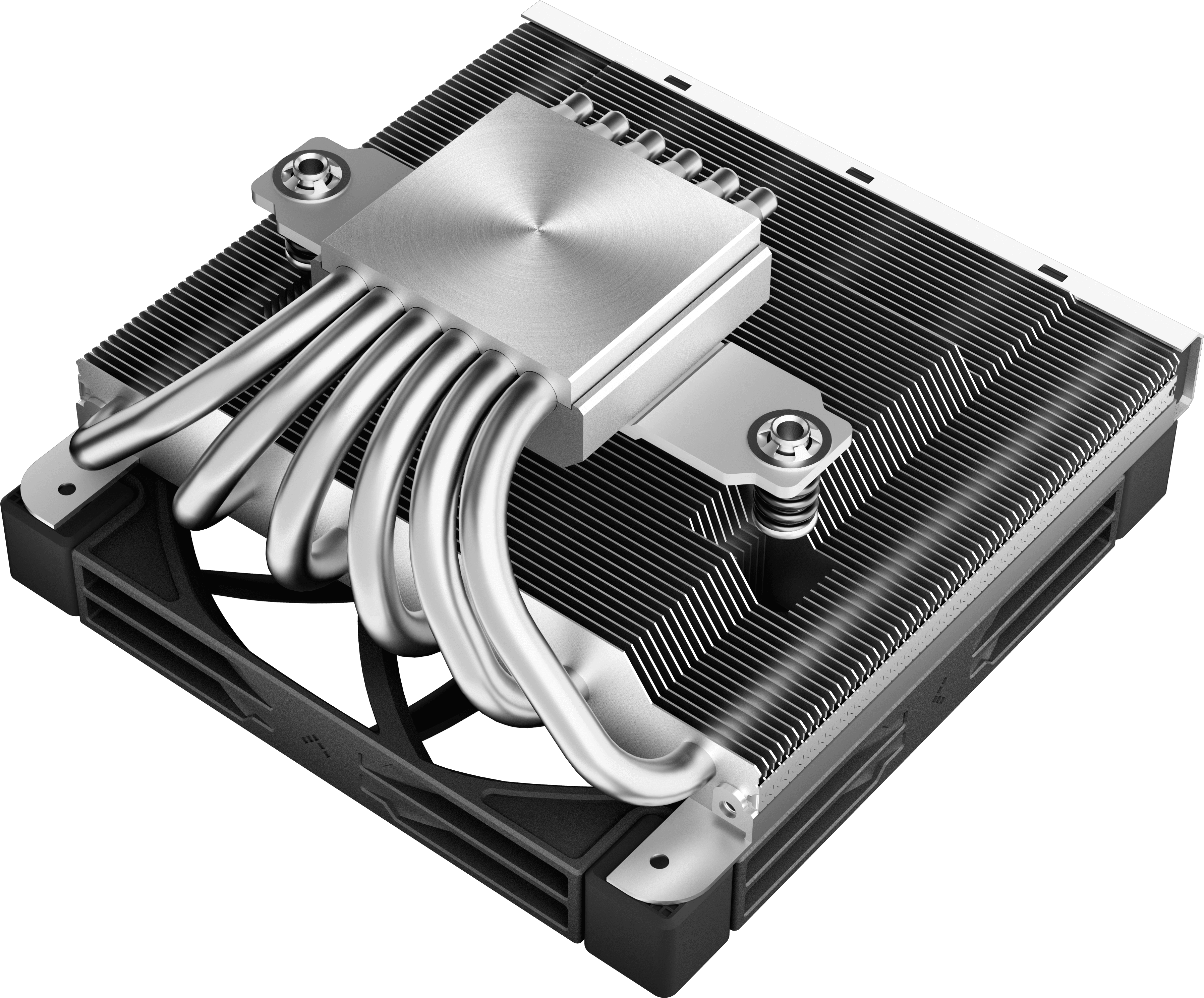 CPU-hűtő ezüst hőcsövekkel és fekete ventilátorral, fekete háttéren.
