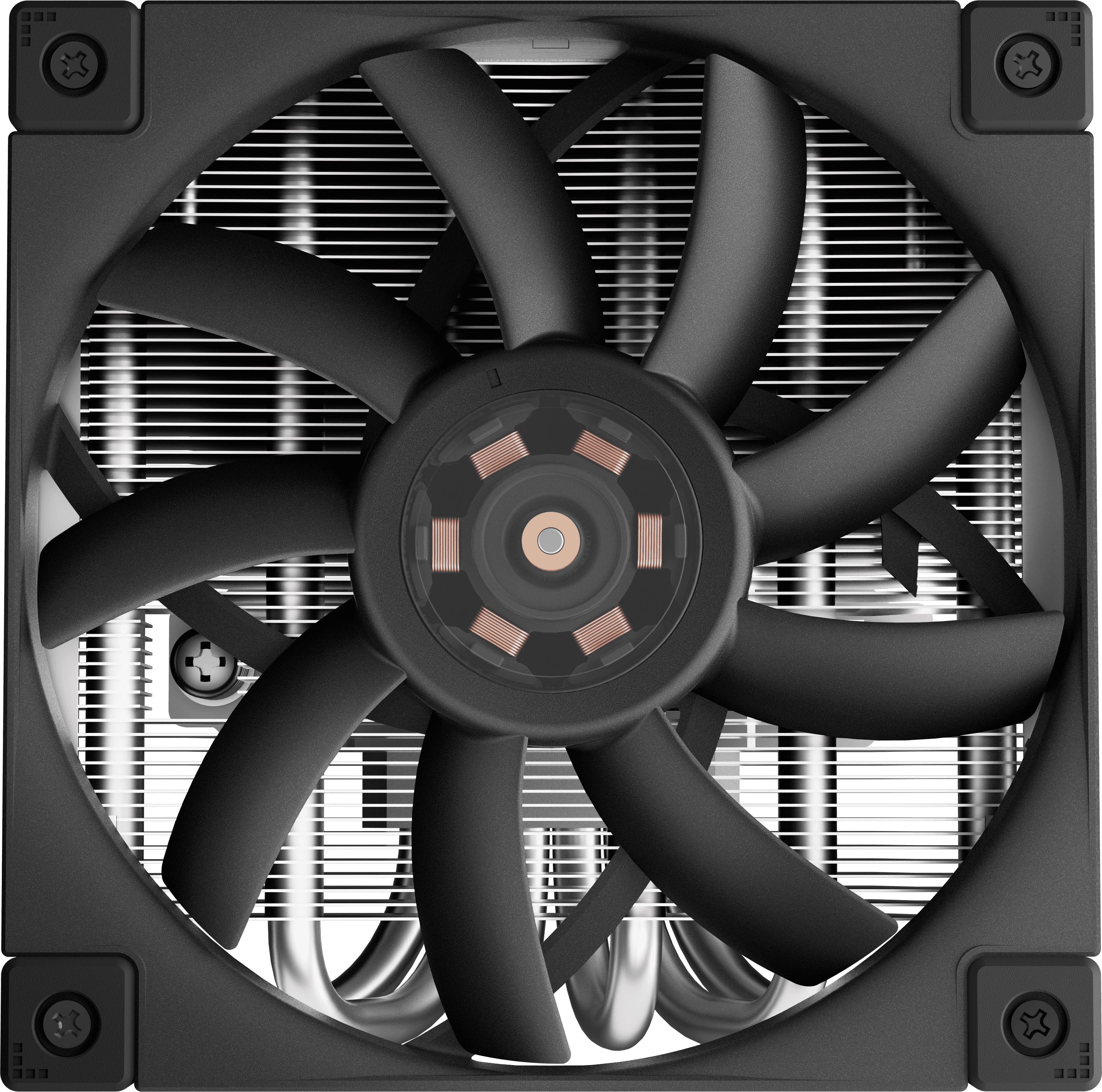 Egy fekete CPU hűtő ventilátorának közeli képe ezüst hűtőbordákkal.
