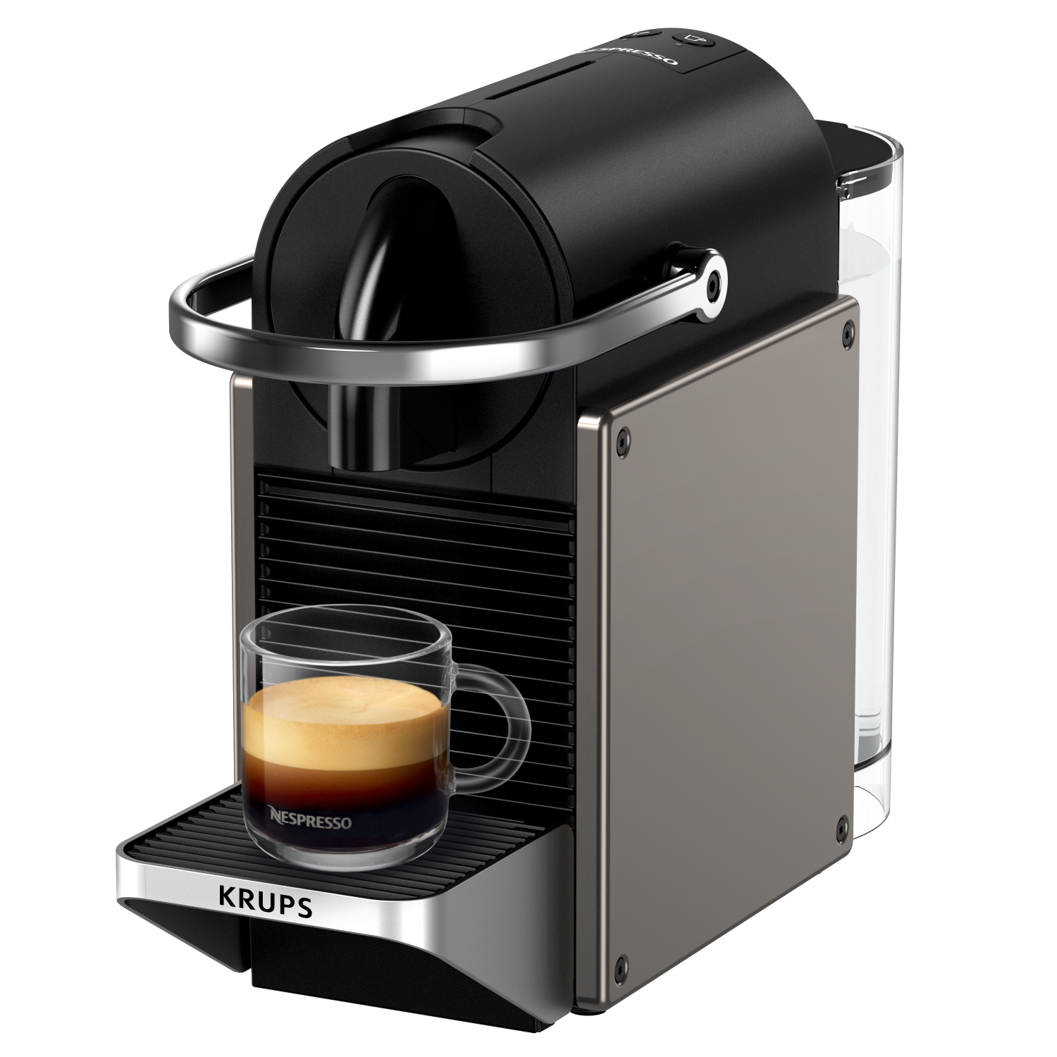Black Nespresso Krups coffee machine with a clear water container, and a cup of coffee.