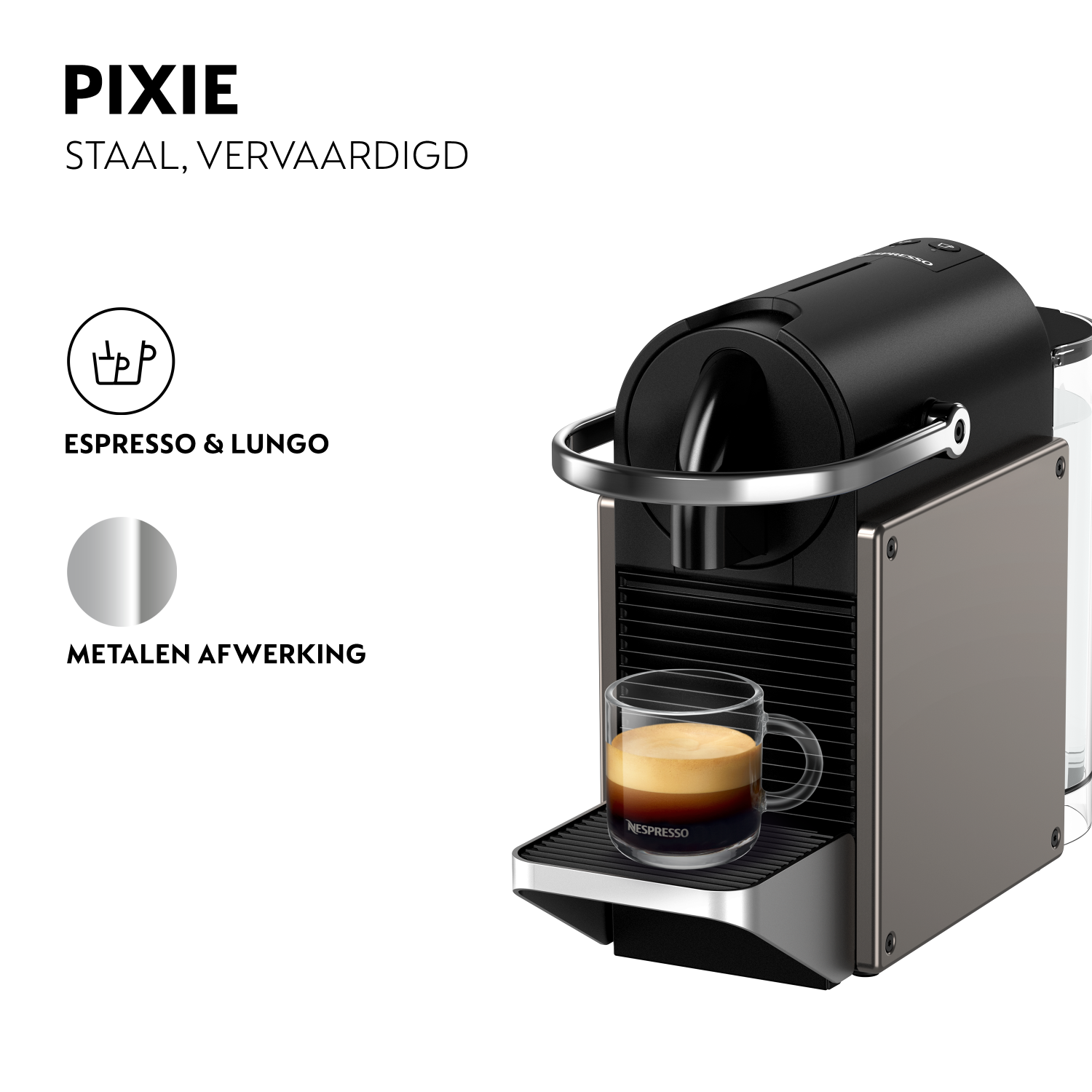 Black Nespresso machine with a glass of espresso on a white background.