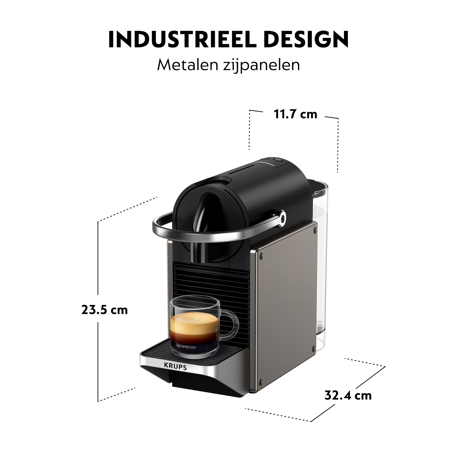 Nespresso coffee machine with a glass cup. The machine is black and silver, dimensions are shown.