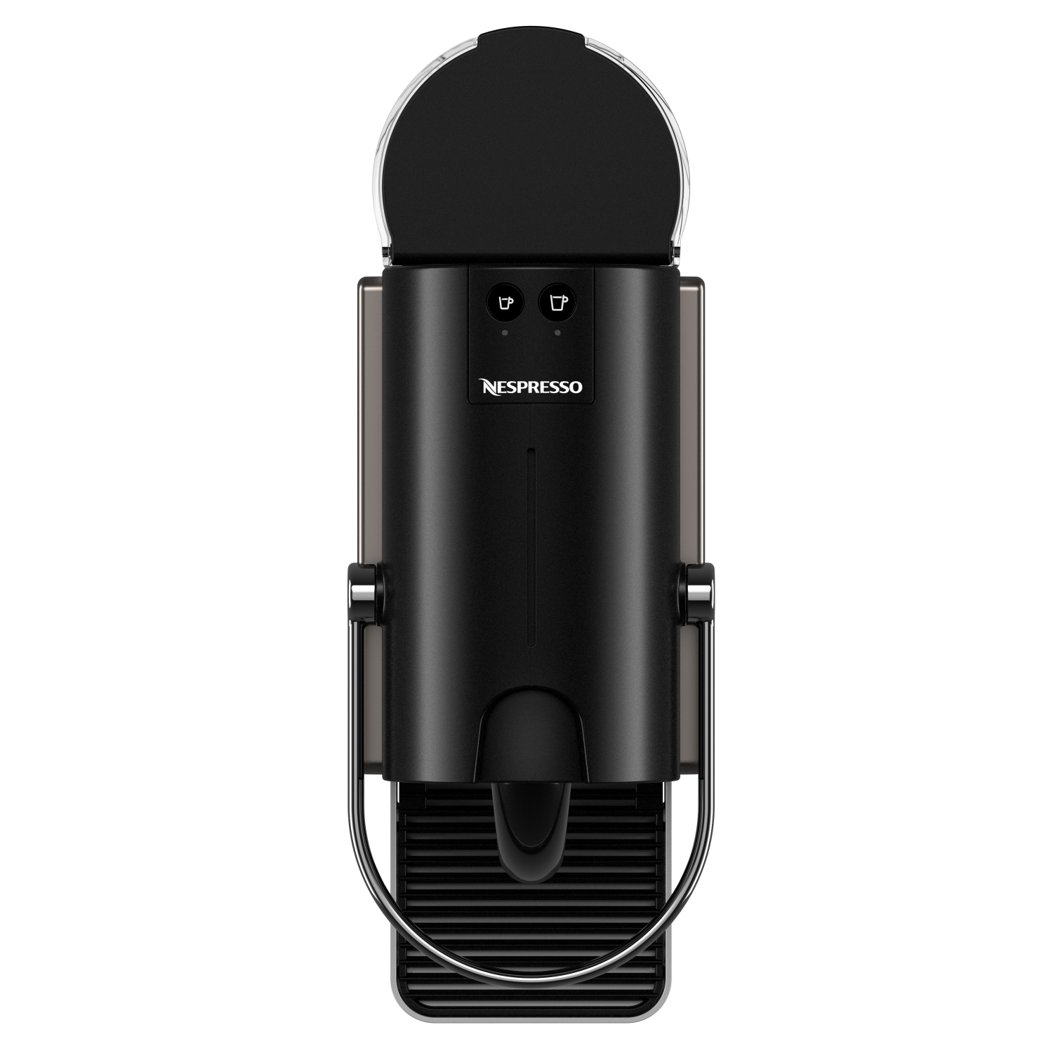 Black coffee machine, top view. Two buttons, Nespresso logo, and a silver handle.