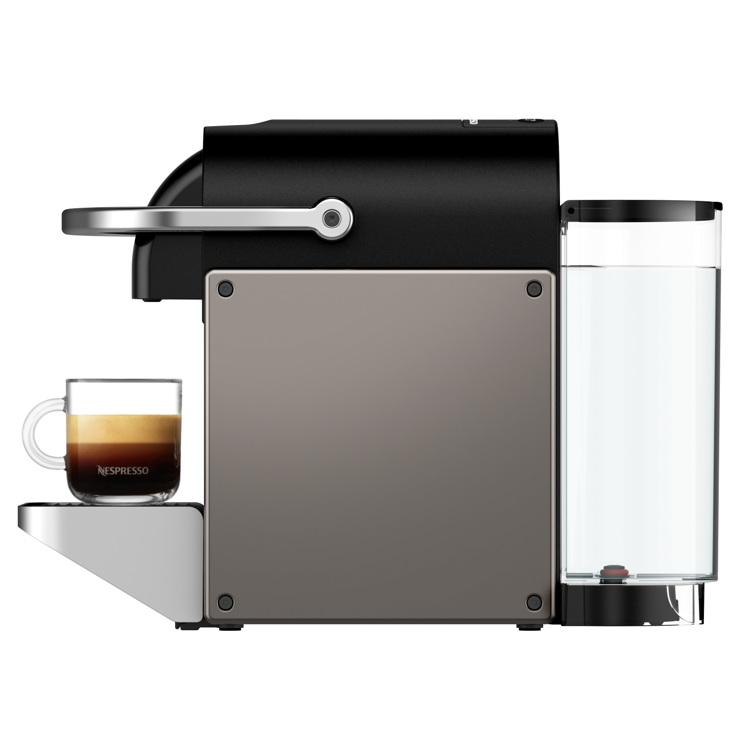 Black and grey Nespresso coffee machine with a coffee cup, and water tank. Black background.
