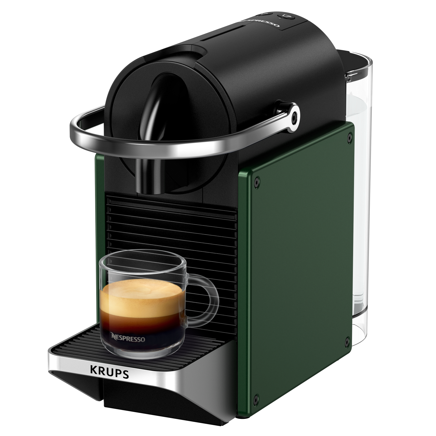 Green and black espresso machine with a glass cup filled with coffee on a black surface.