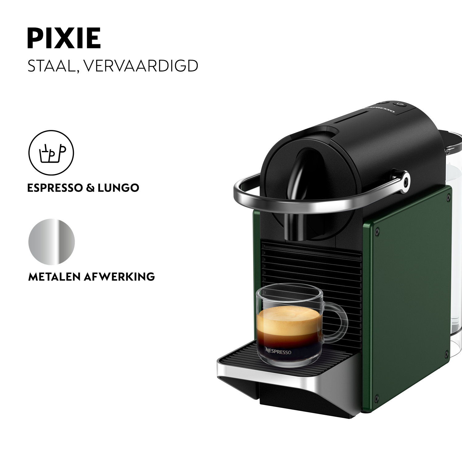 A green and black Nespresso machine with a glass cup of coffee. Text: Espresso & Lungo.