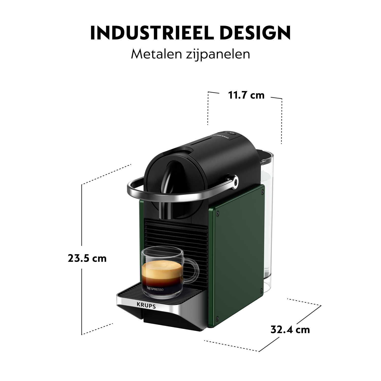 Green and black Nespresso coffee machine with a glass of coffee. Dimensions are displayed. White background.