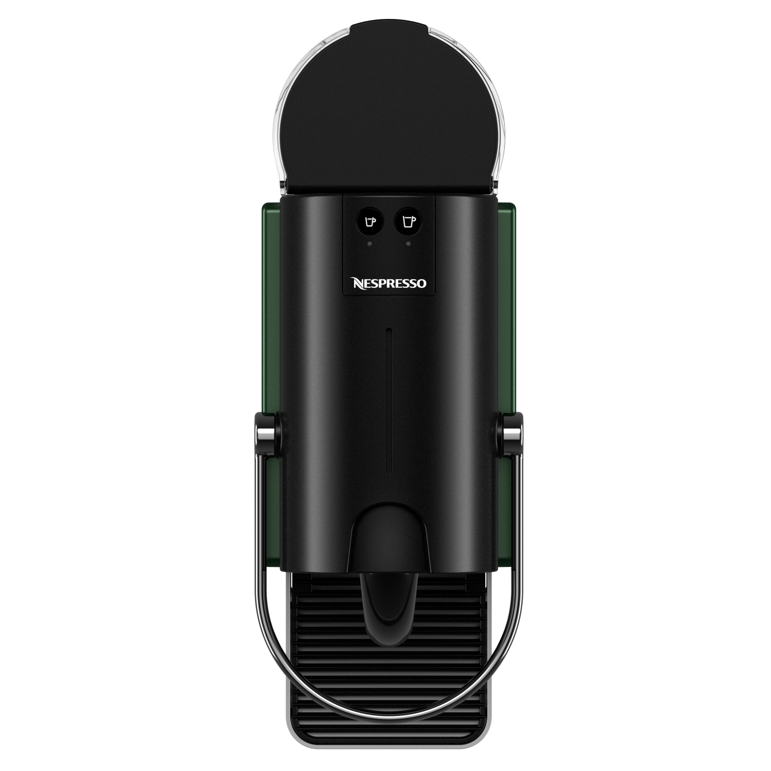 Black Nespresso coffee machine with green details. It has two buttons and a spout.