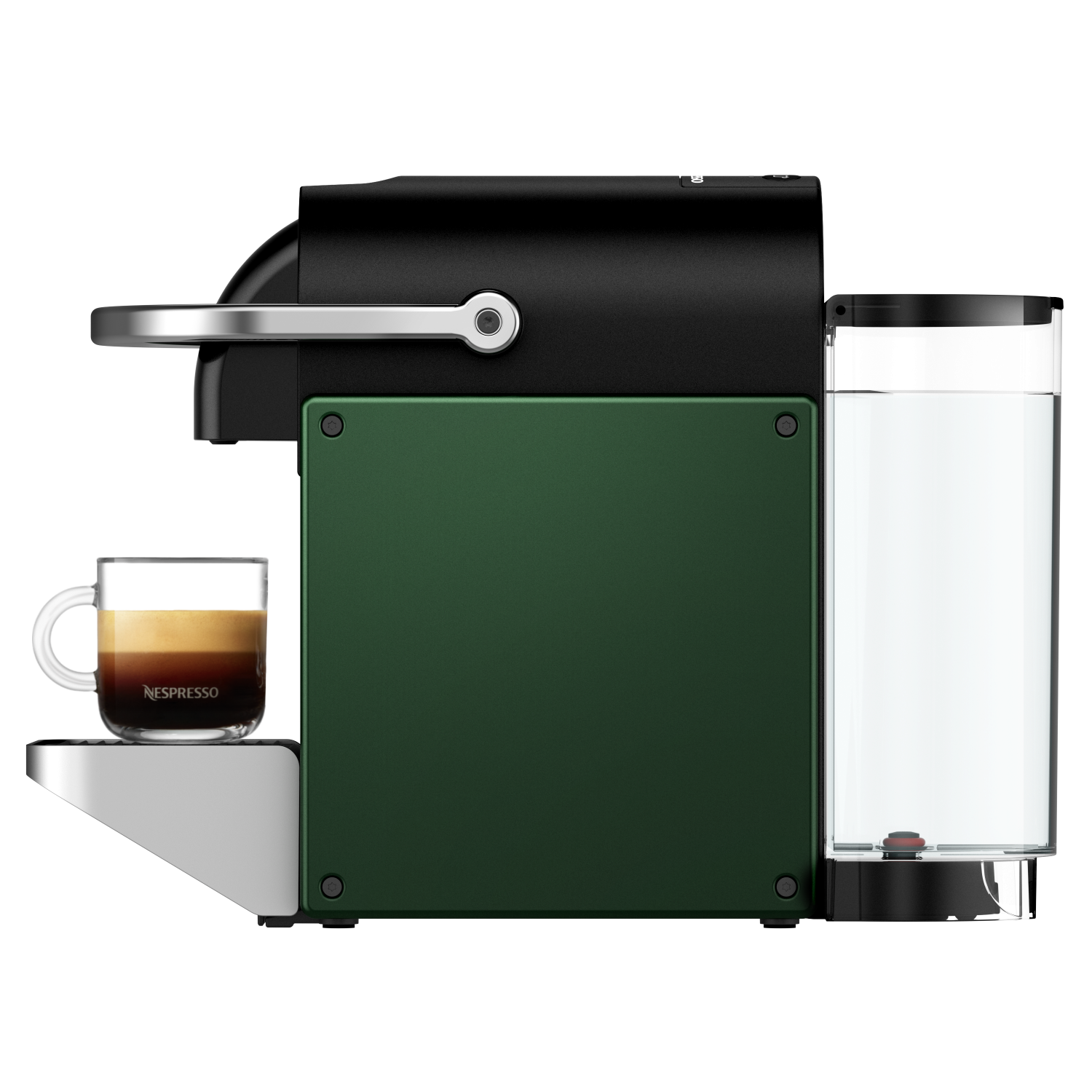 Black and green Nespresso machine with a coffee cup, displaying a minimalist design on a dark background.