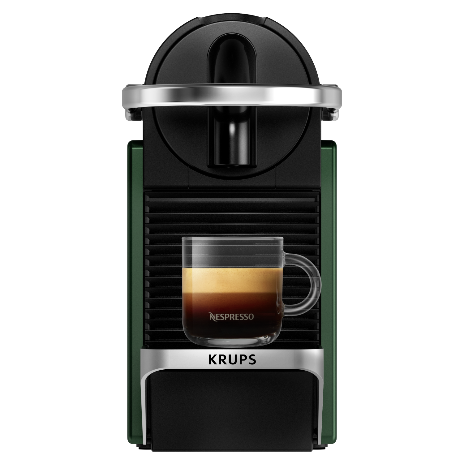 Green Nespresso machine with a glass cup filled with coffee. Krups text is visible.