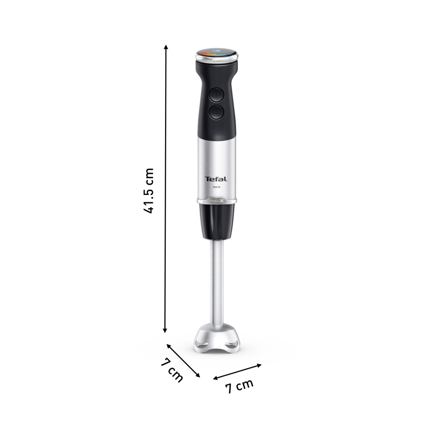 A black and silver hand blender with dimensions marked with arrows.