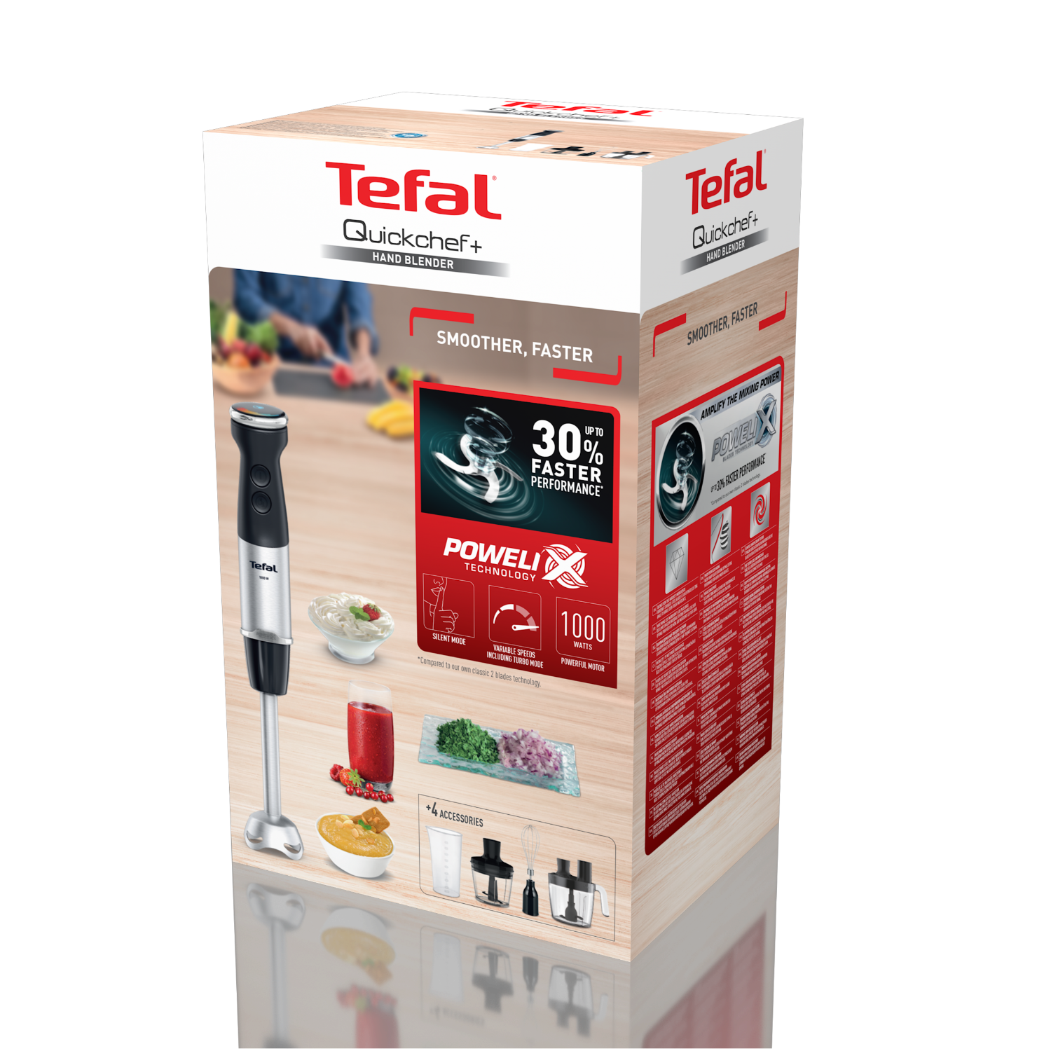 Tefal Quickchef+ hand blender box. Blender and accessories are shown on the box.