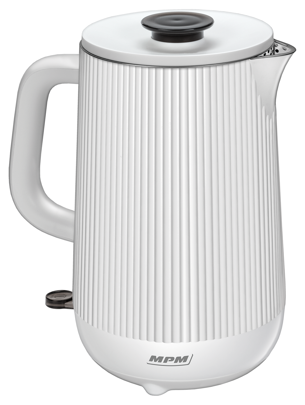 Biały czajnik elektryczny z żebrowanym wzorem. Ma biały uchwyt i czarną pokrywę.