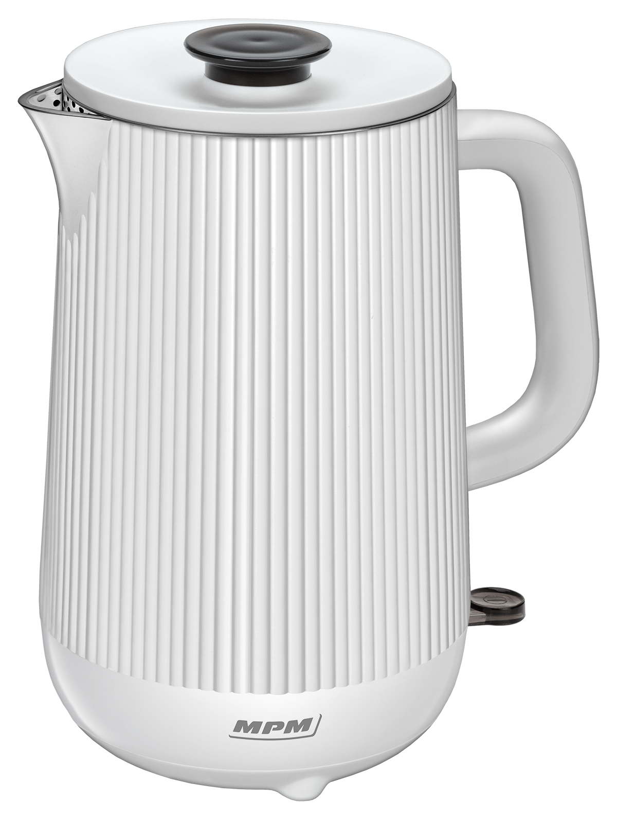 Biały czajnik elektryczny z pionowymi żebrami. Czarna pokrywa i uchwyt. Logo MPM na dole.