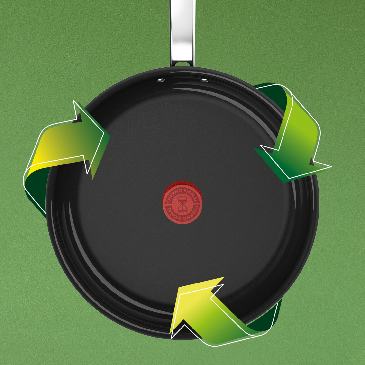 Een zwarte koekenpan met pijlen eromheen, op een groene achtergrond, met een Thermo-Signal-indicator.