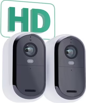 Due telecamere di sicurezza bianche con facce nere e un logo verde 'HD' sopra. Sono progettate per uso esterno.